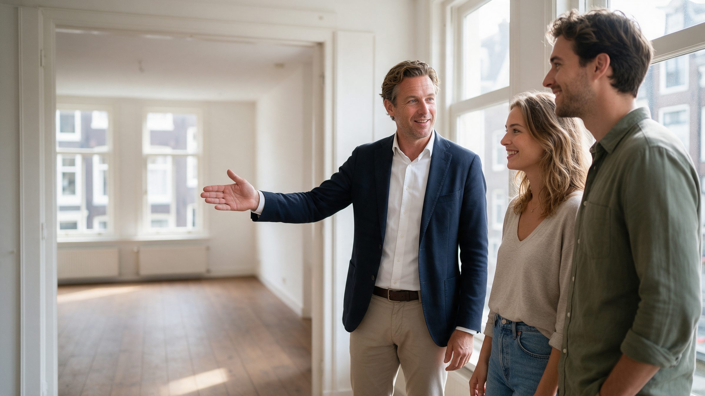 Estate agent showing a young couple around an empty flat with wooden floors