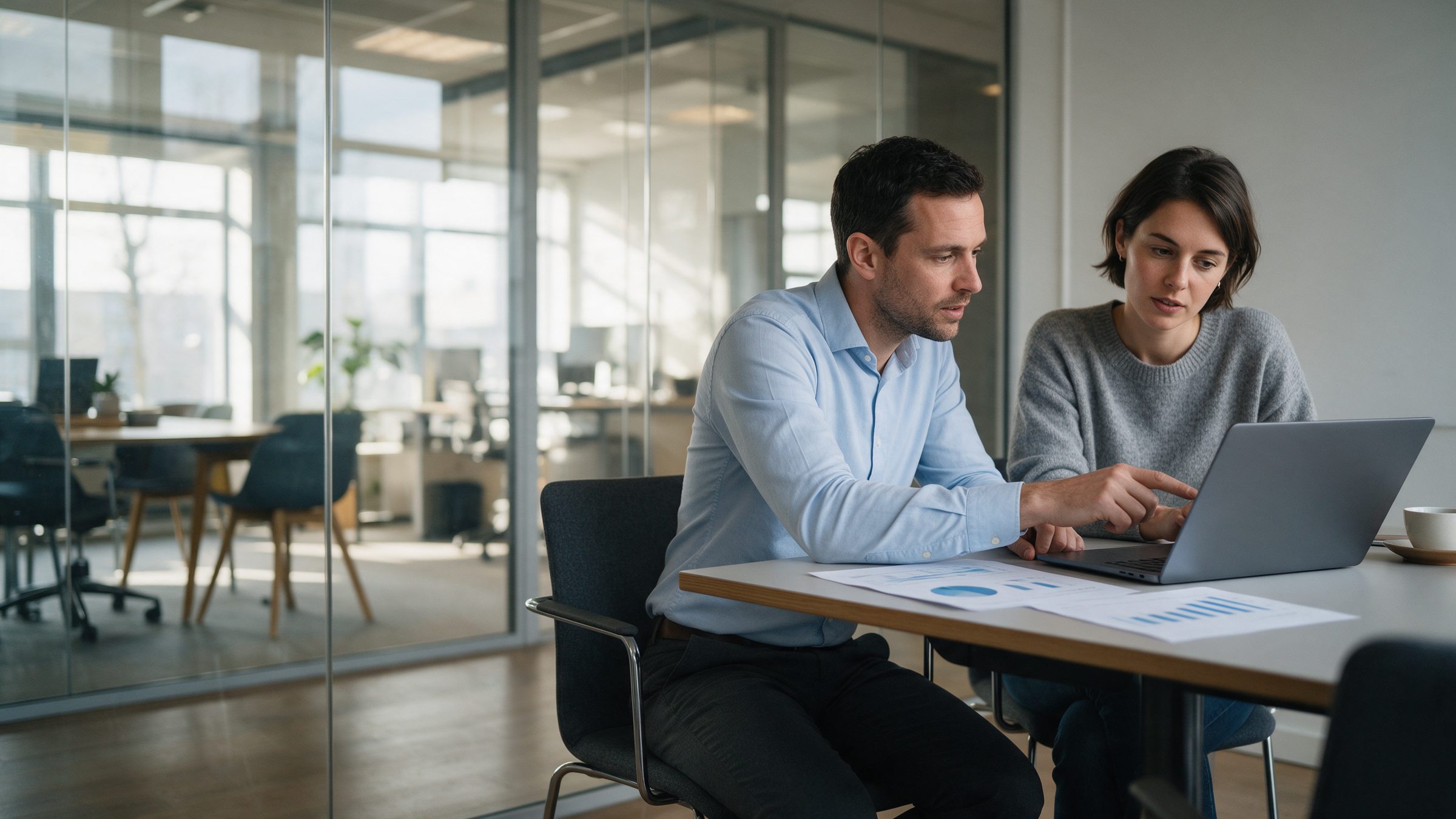 Two finance consultants reviewing figures on a laptop at a meeting table