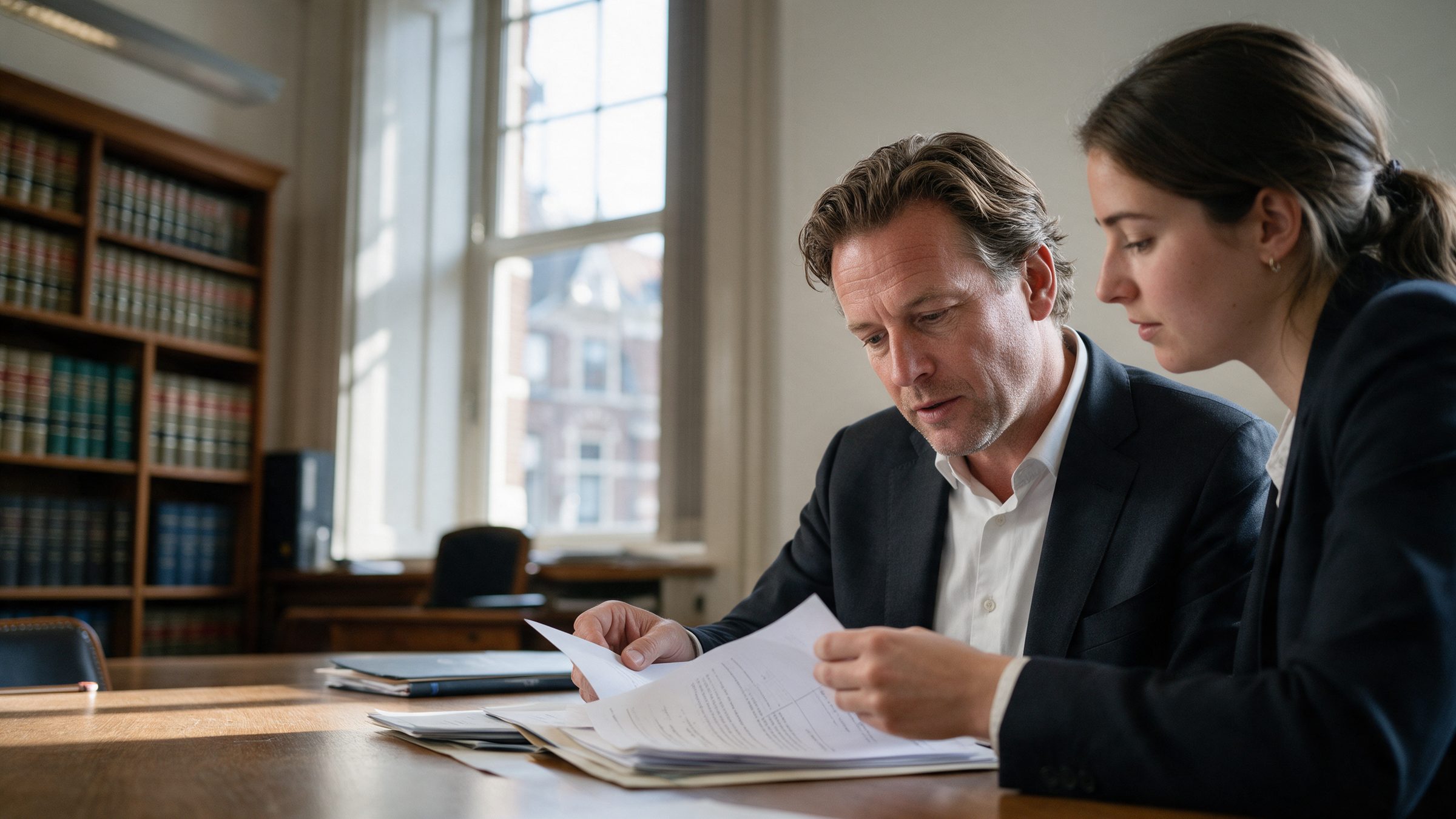 Lawyer and colleague going through a case file together in an office lined with law books
