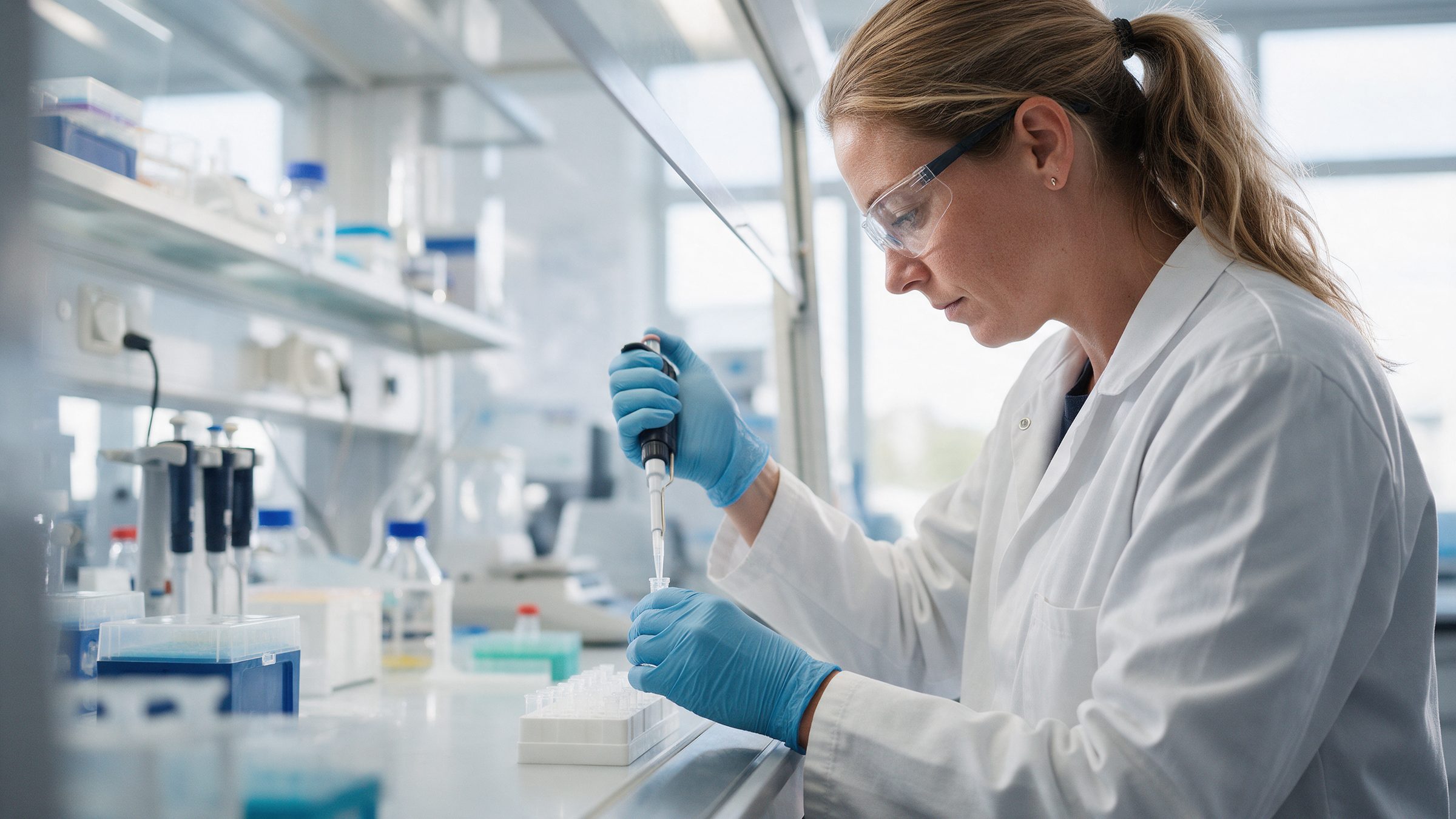 Lab analyst wearing safety glasses and gloves pipetting samples in a laboratory