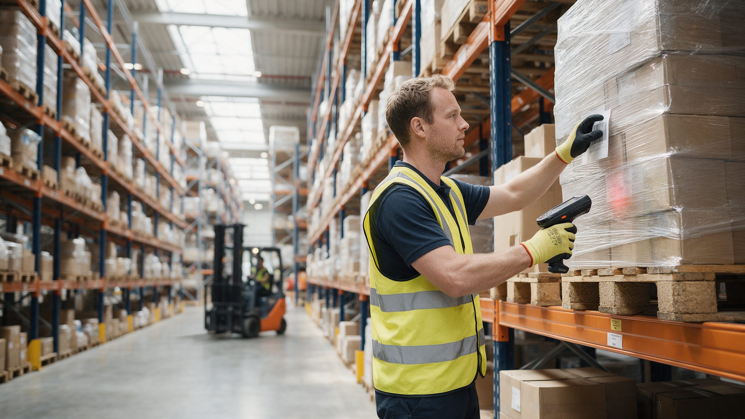 Warehouse worker in a yellow high-vis vest scanning a pallet in a distribution centre