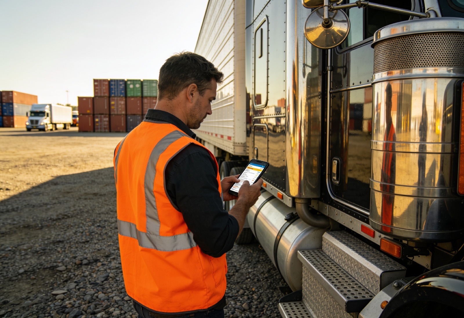 Truck driver in an orange safety vest checking his phone next to his truck