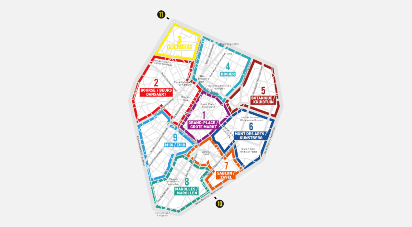 Kaart van Brussel met de wijken van de restaurants en bars
