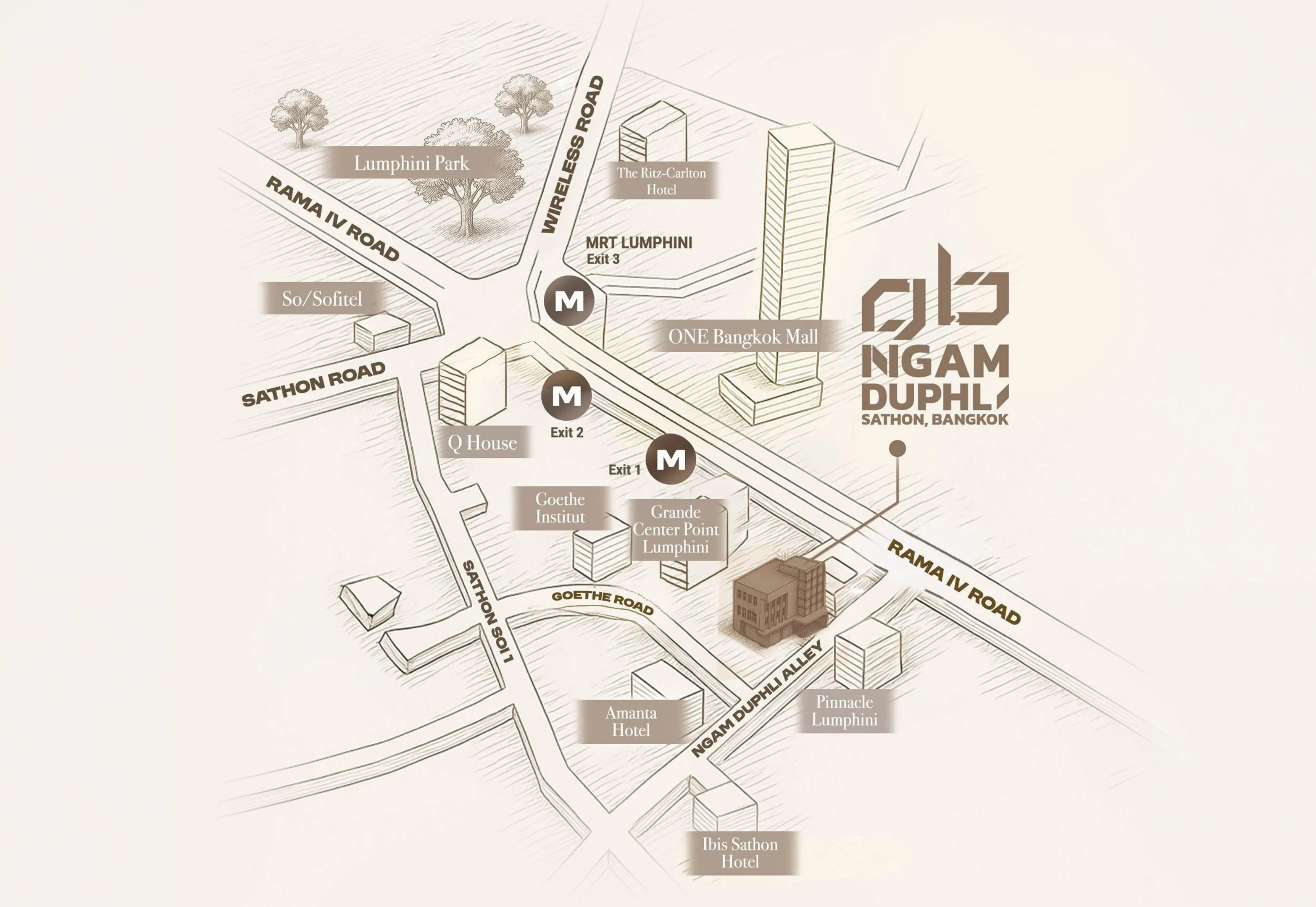 Illustrated neighbourhood map of 12 Ngam Duphli, MRT Lumphini and surrounding landmarks