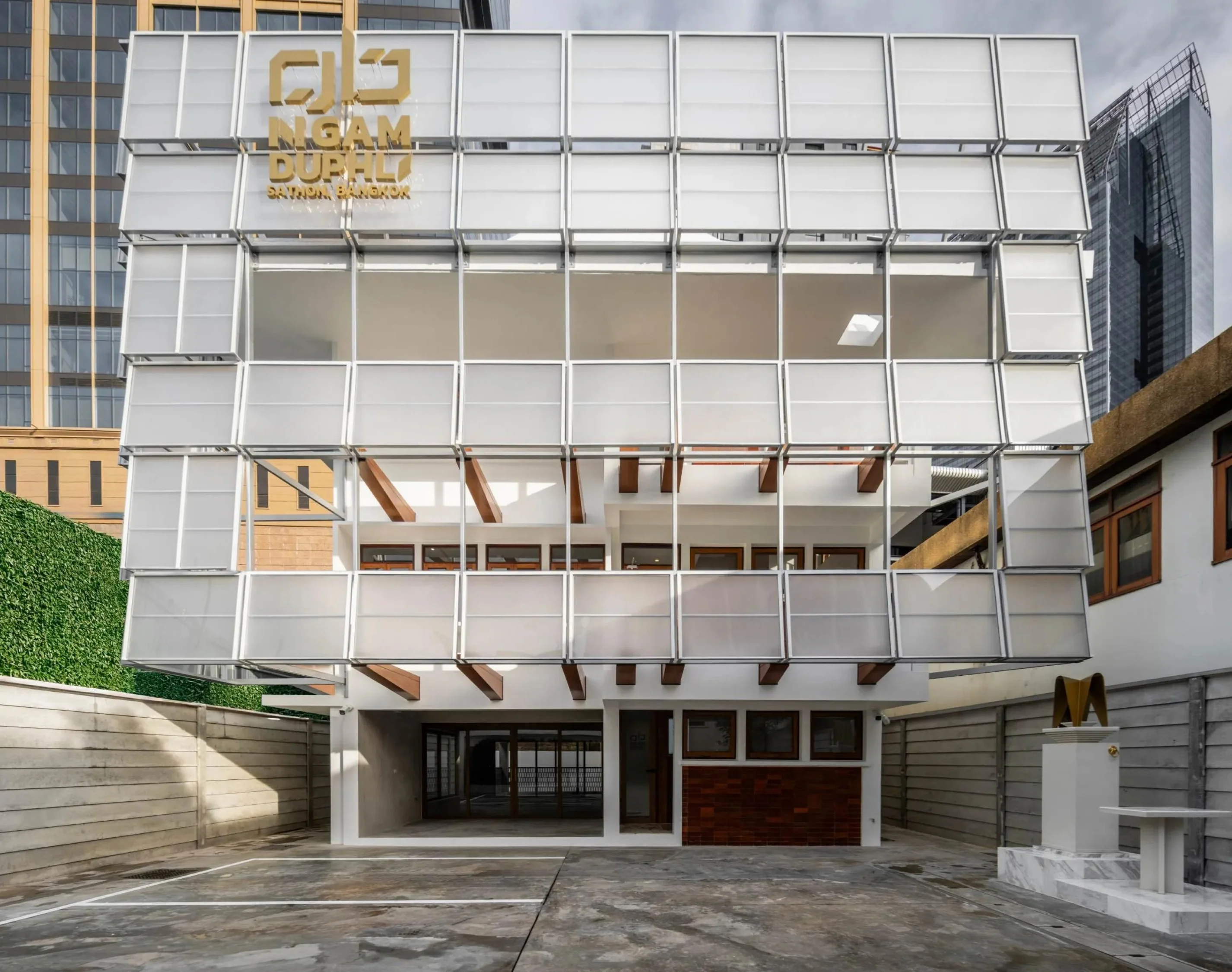 Back Building exterior facade, dusk