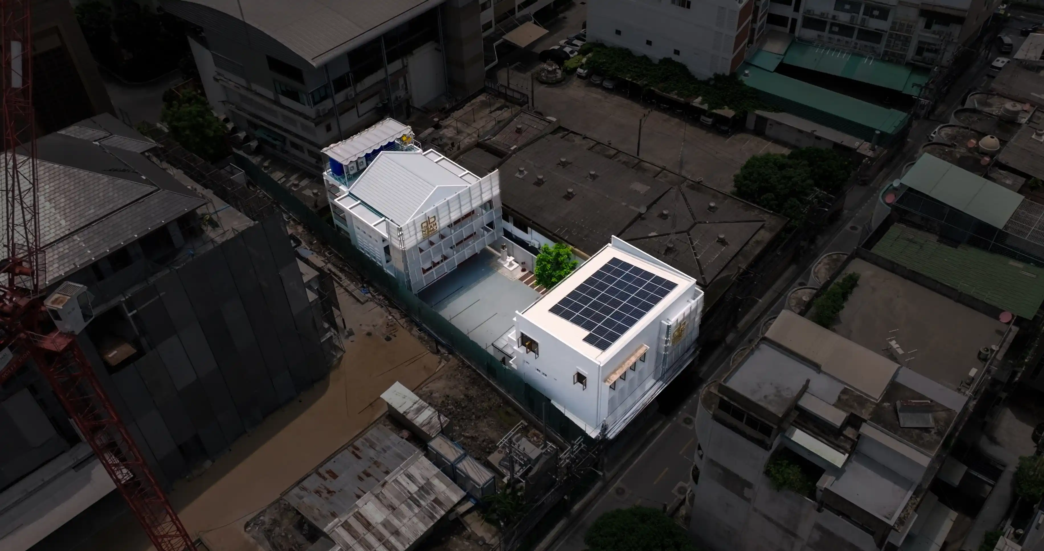 Aerial photograph of 12 Ngam Duphli, with Building A at the rear and Building B facing the soi.