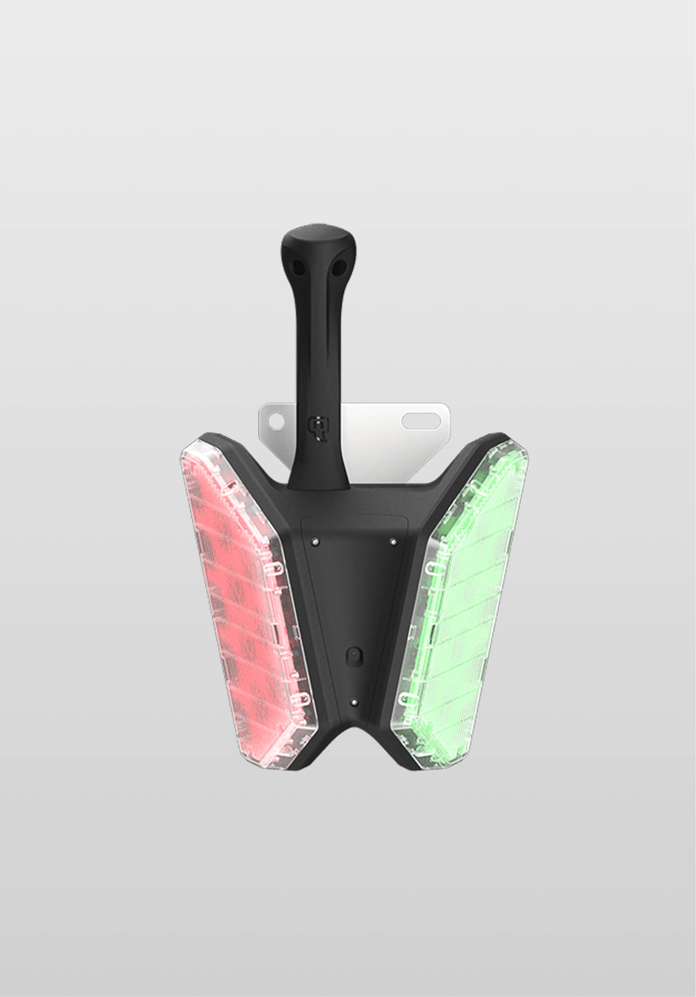 A black bicycle or e-bike rear light with two illuminated sections: red on the left and green on the right, mounted on a silver bracket.