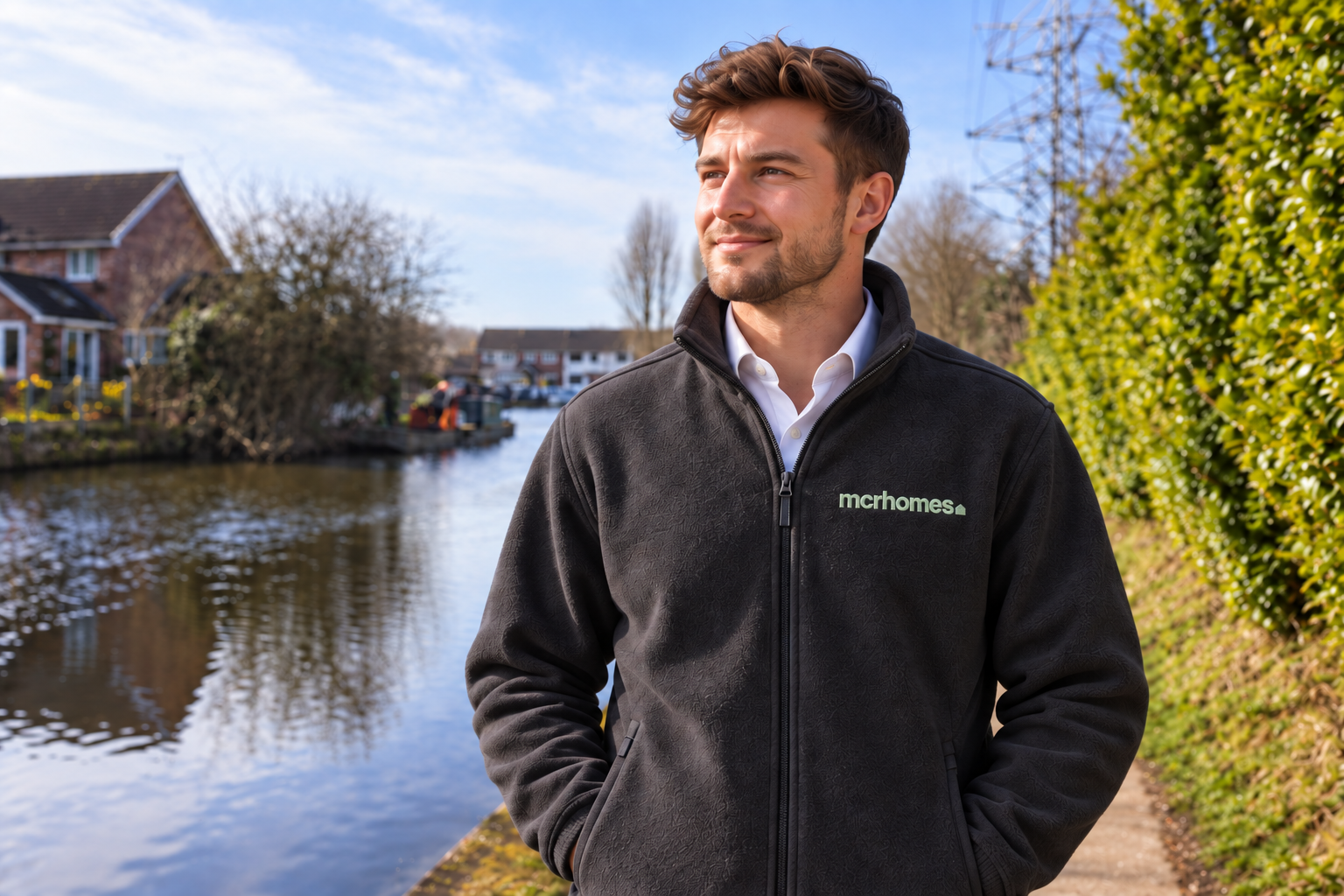 Estate agent in a charcoal MCR Homes fleece walking beside a residential canal