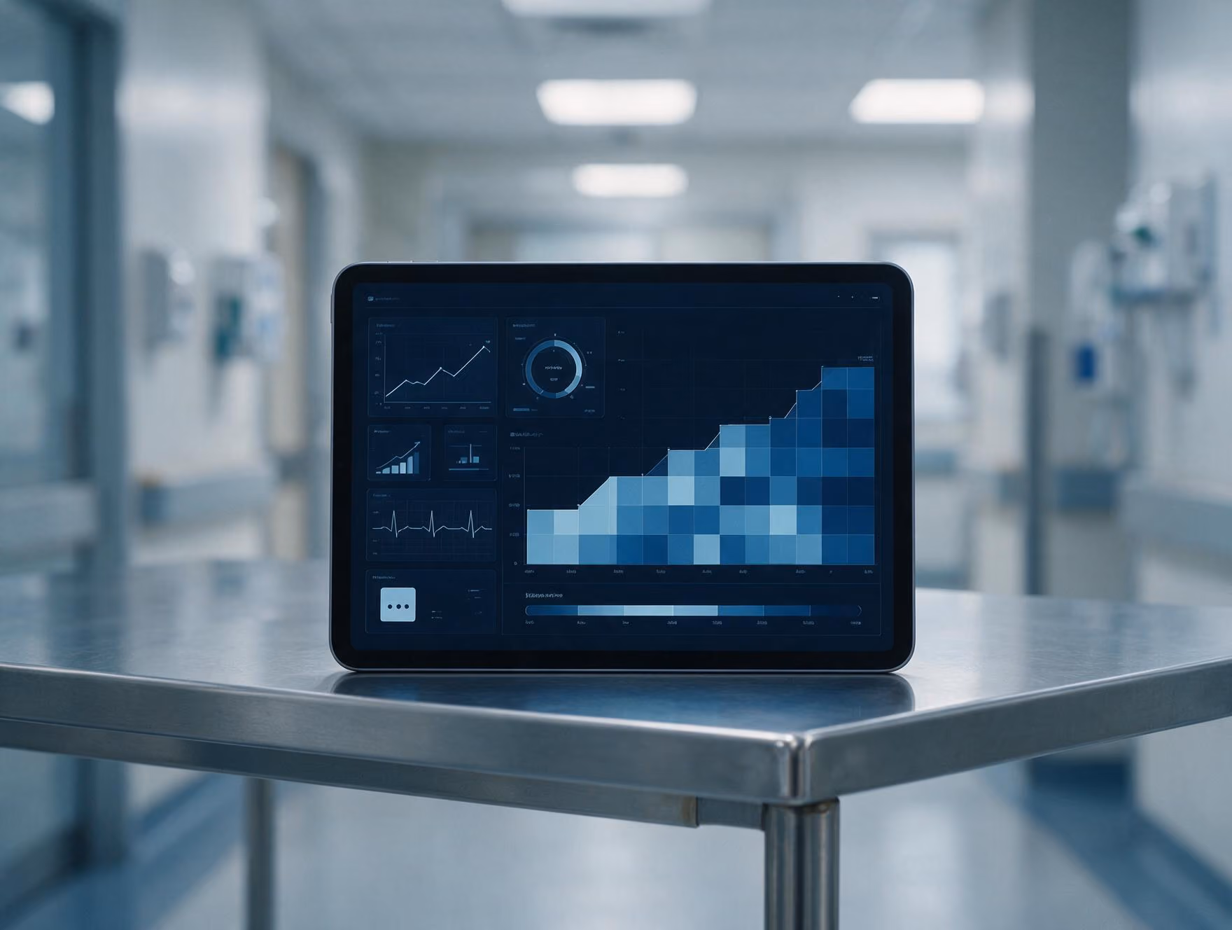 A tablet on a clinical bench showing a perioperative record opening as a patient is listed