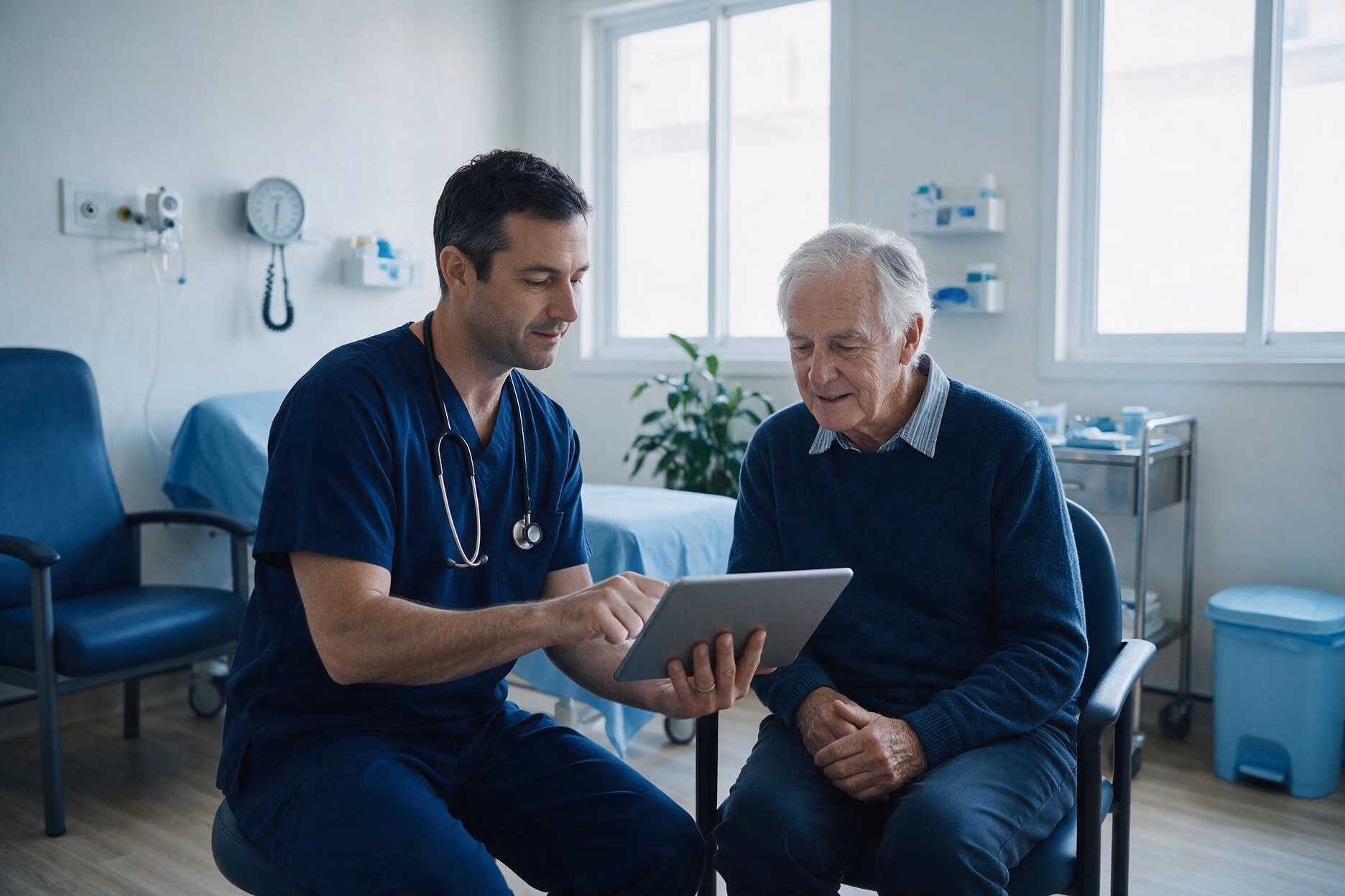 A clinician and patient reviewing a preoperative assessment together in a pre-admission clinic