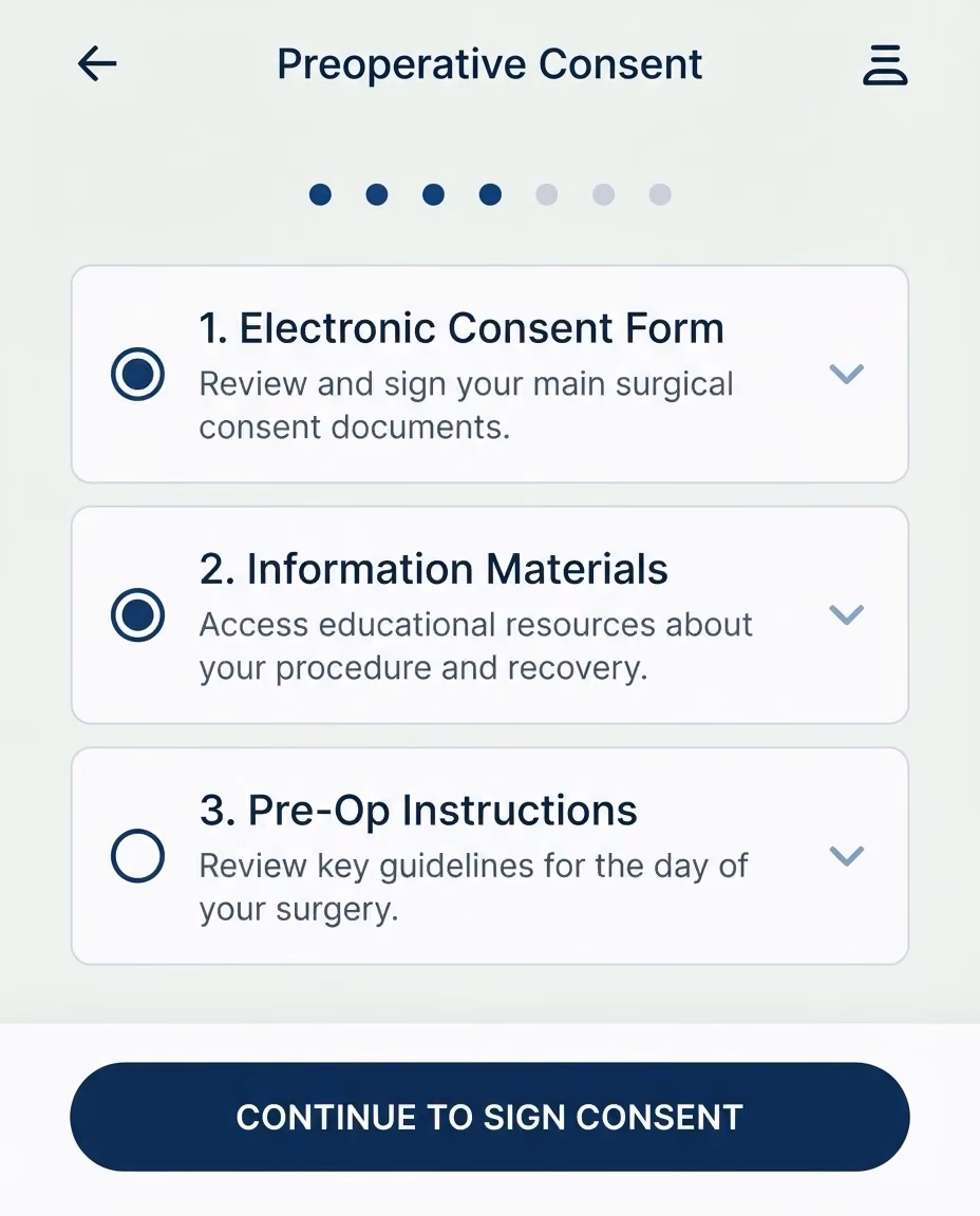 The patient-side app: one consent and preparation step per screen, with a progress indicator