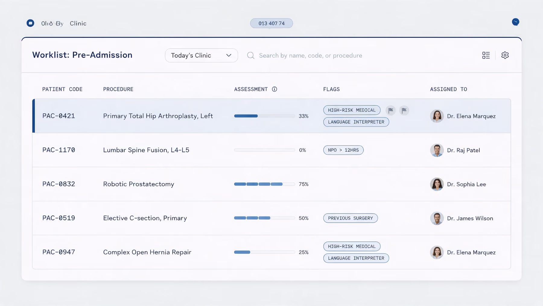 The Anteo workspace: a service-wide readiness percentage alongside every booked patient and their outstanding actions