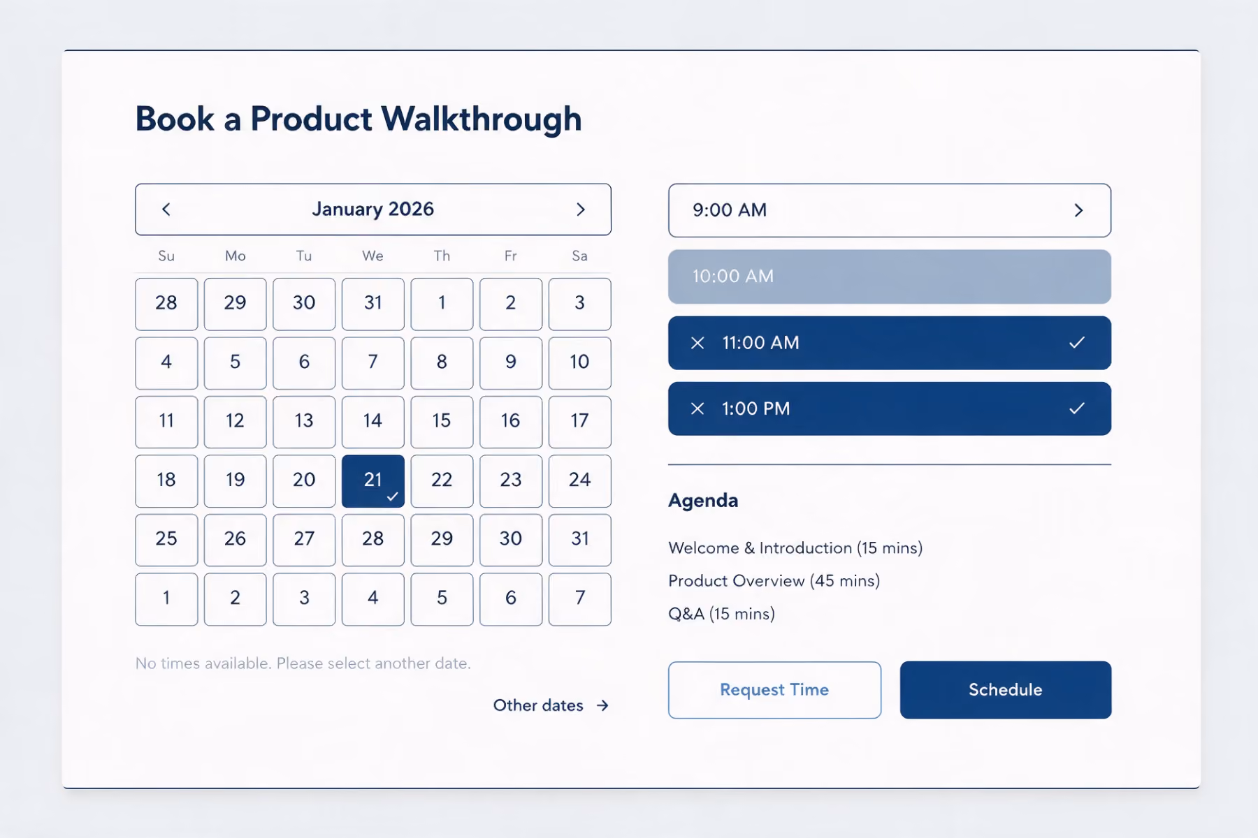 The scheduling view we book from: a month of available slots with the thirty-minute agenda beside it