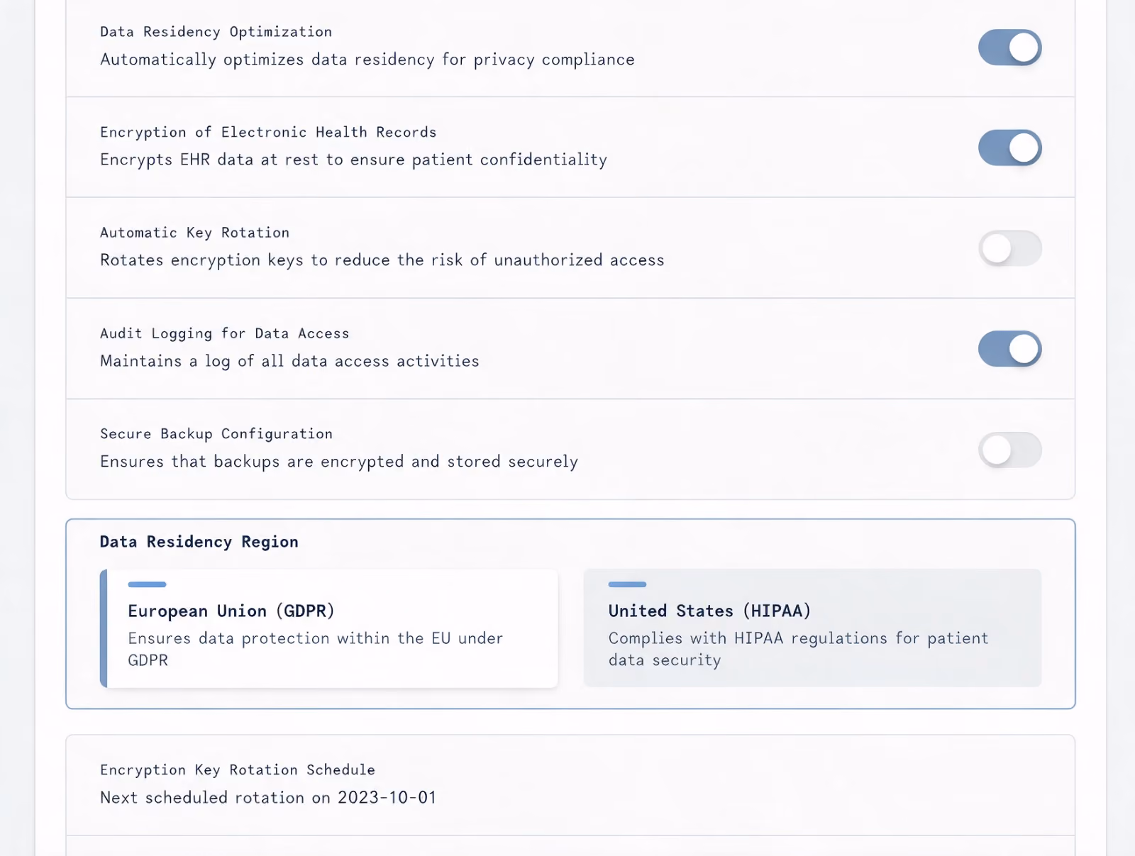 Data residency and encryption settings, with the Australian region selected and a key rotation schedule