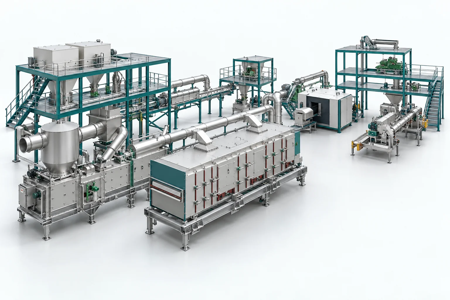 Illustrative 3D model of an industrial process plant with steel structures, pipework and maintenance access