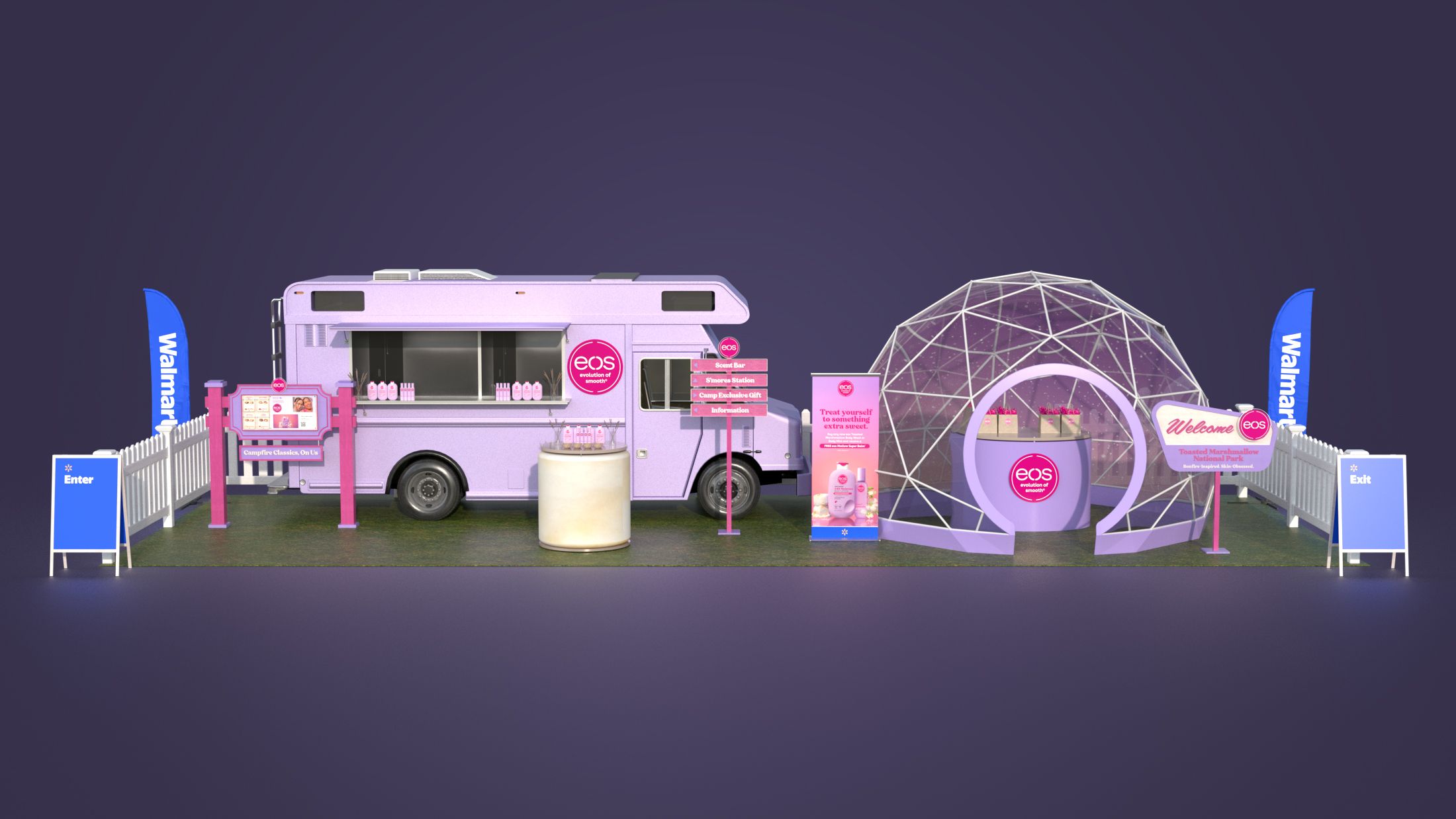 Rendering of the eos S'mores camp: truck, glamping dome and fencing