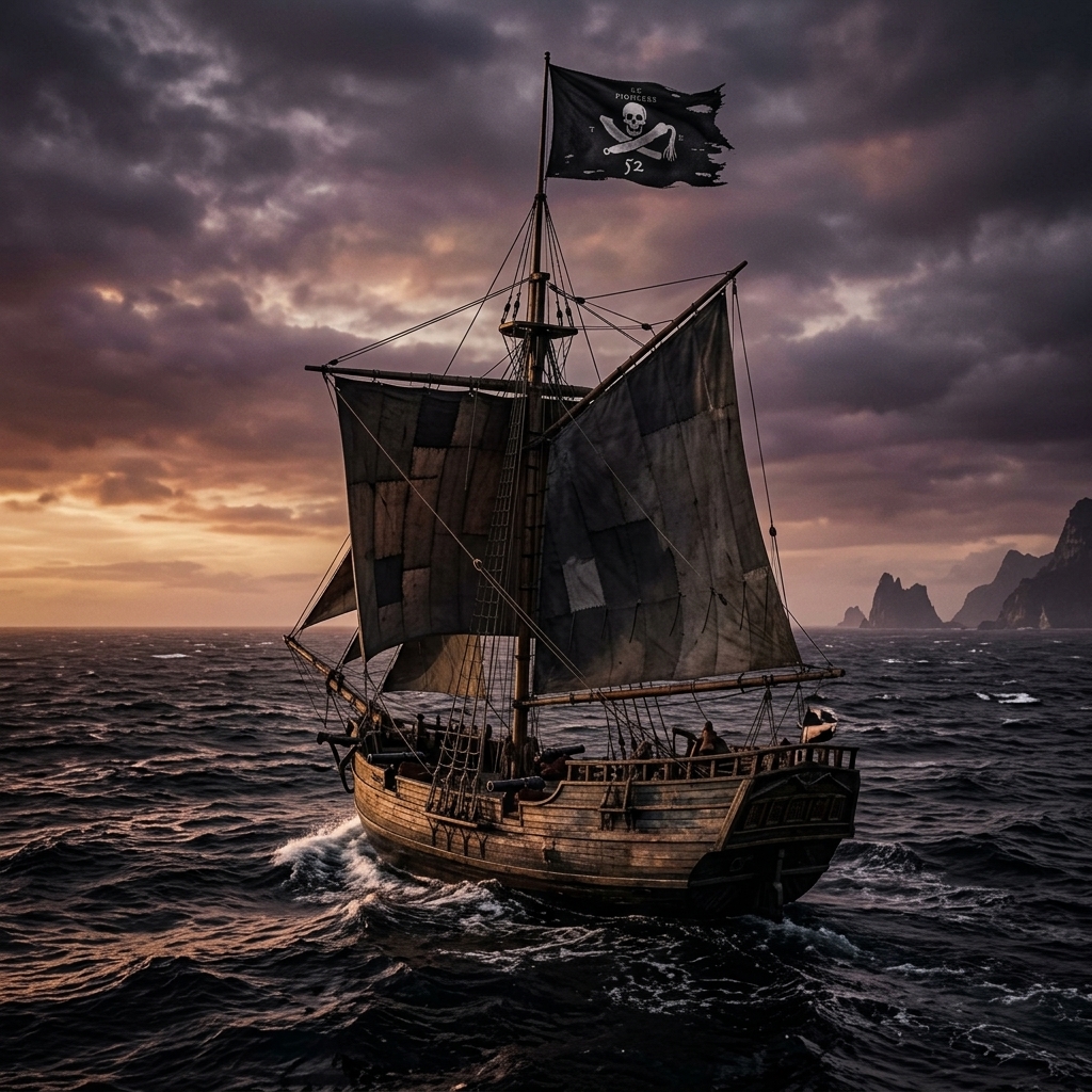 a sloop nearing some islands at dawn