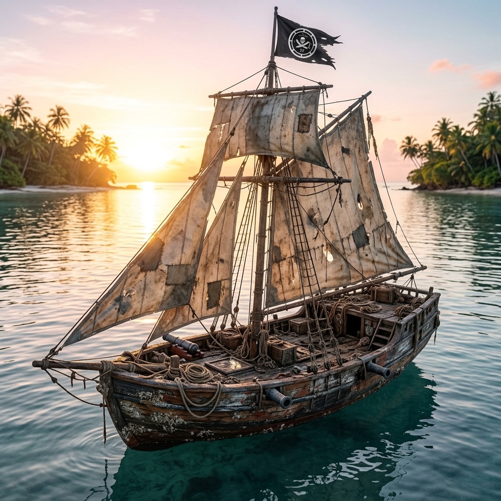 a sloop nearing some islands at dawn