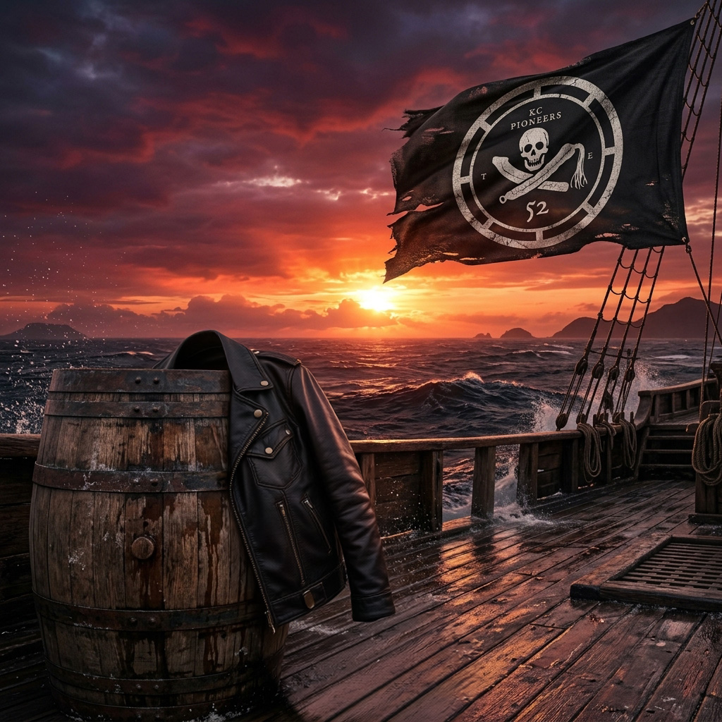 a biker jacket draped over a barrel of rum on the deck of a pirate ship