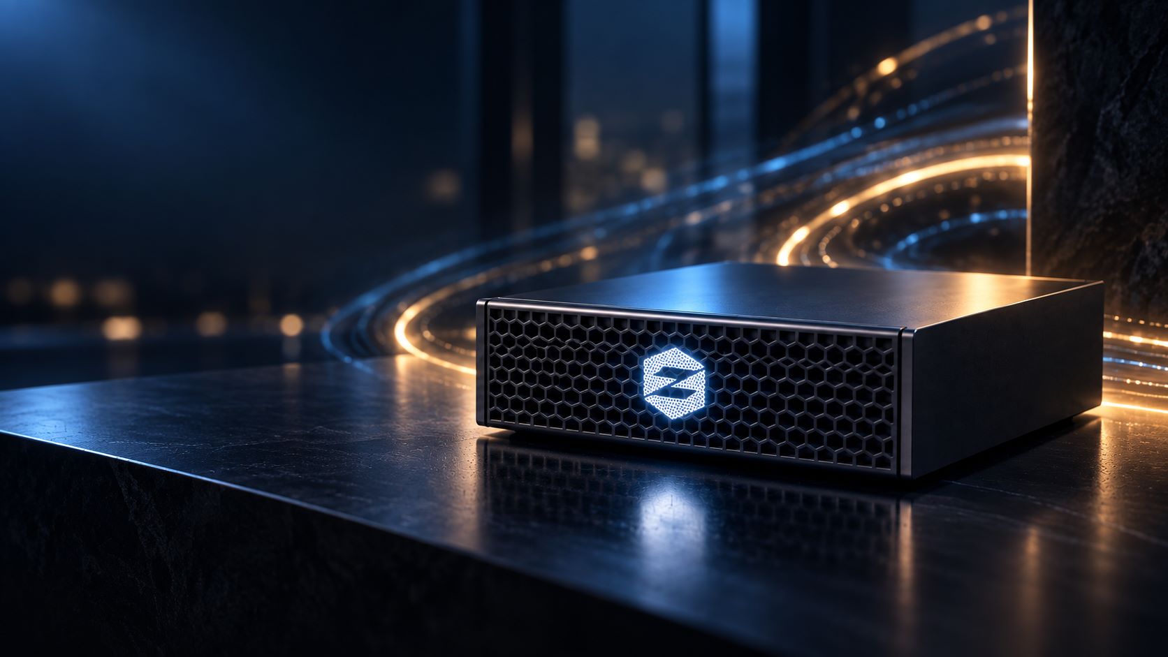 ZETTA AI Box appliance on a dark surface, with the hexagonal Z logo on its front panel