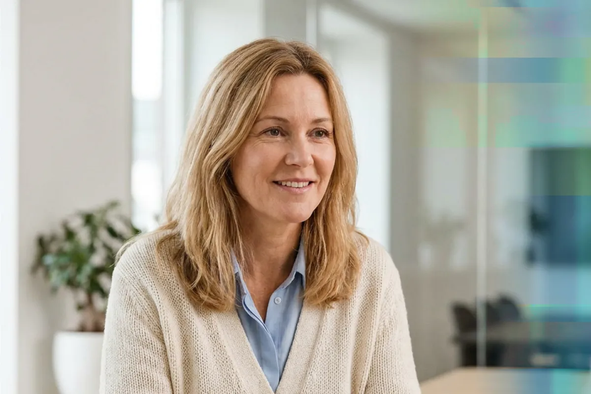 A smiling businesswoman standing near a window in a bright office