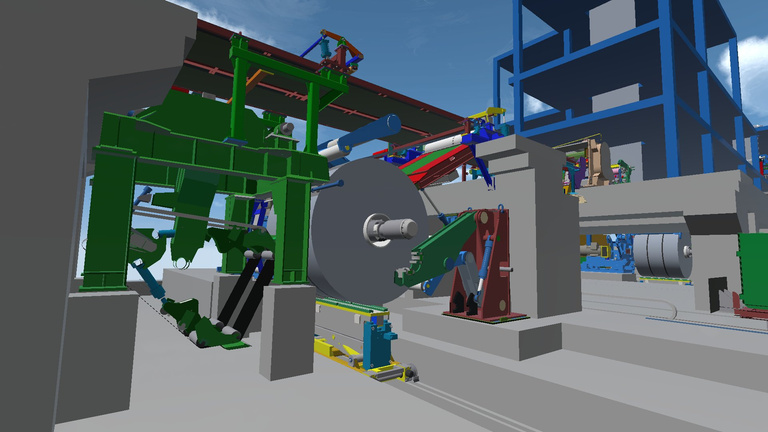 Virtual interior view of an industrial plant with a coil, green steel beams and machinery.