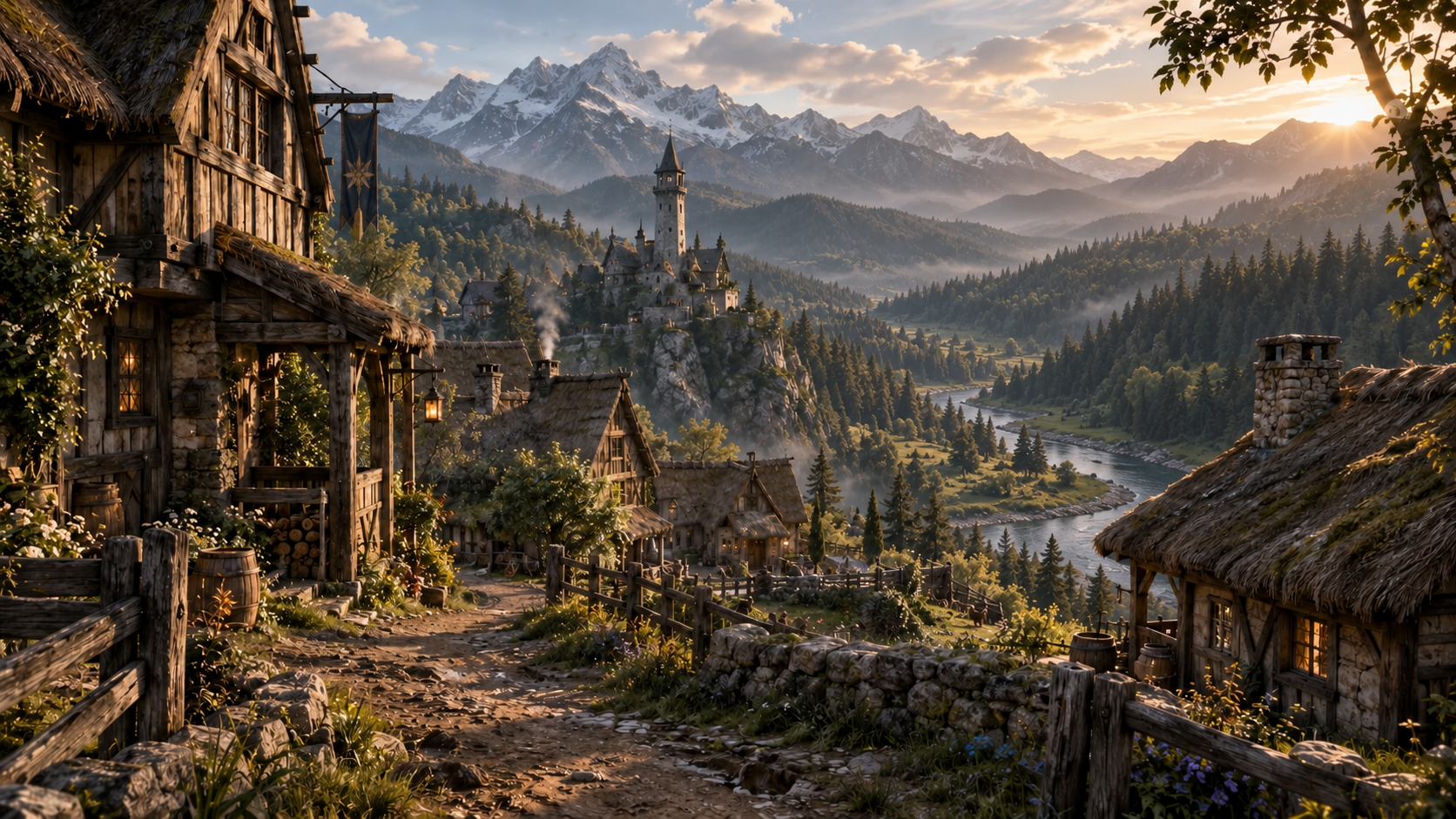 Concept artwork of a medieval settlement in a mountainous forest valley.