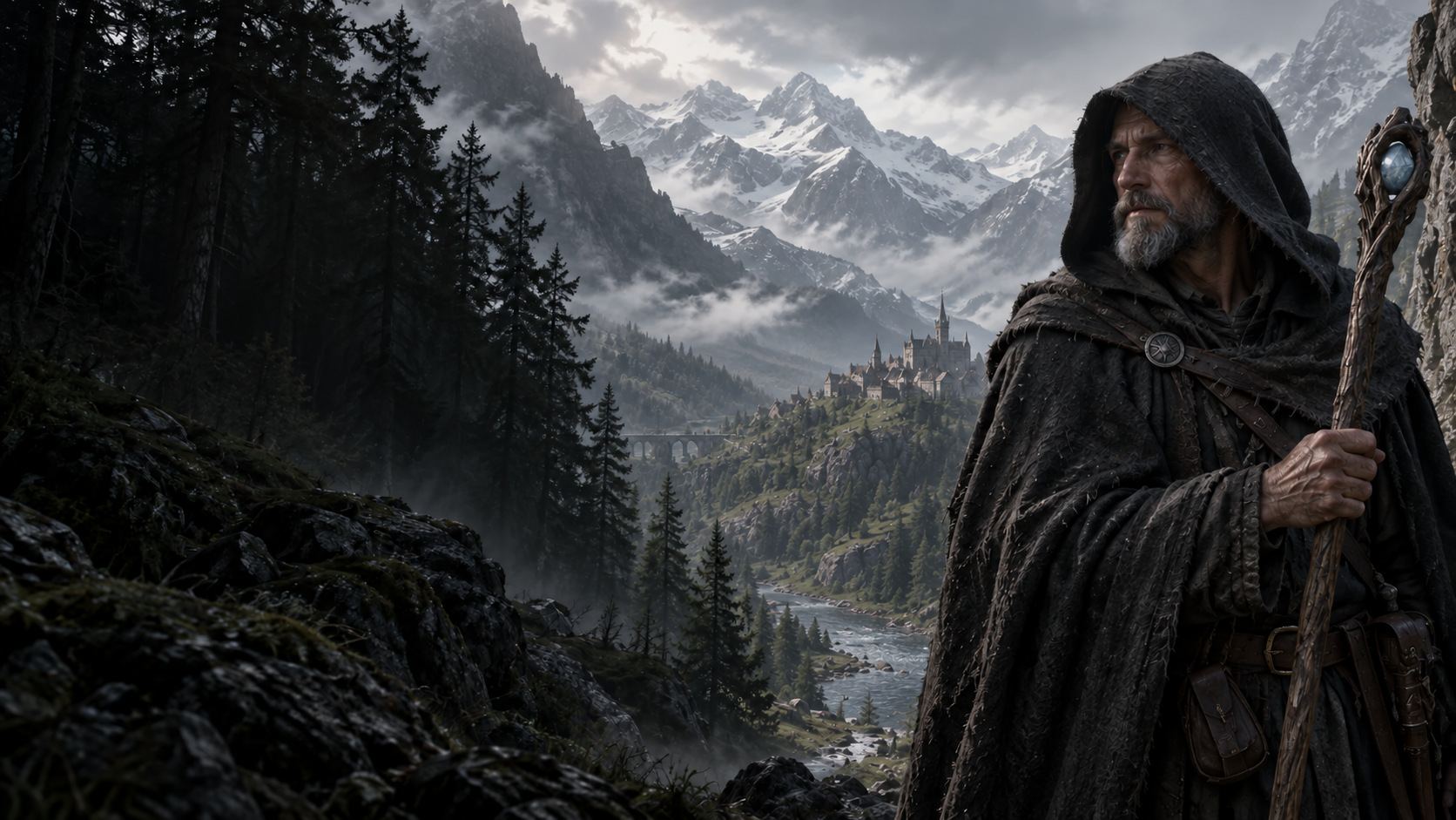 Concept artwork of a wizard with a gemstone staff overlooking a misty medieval valley.