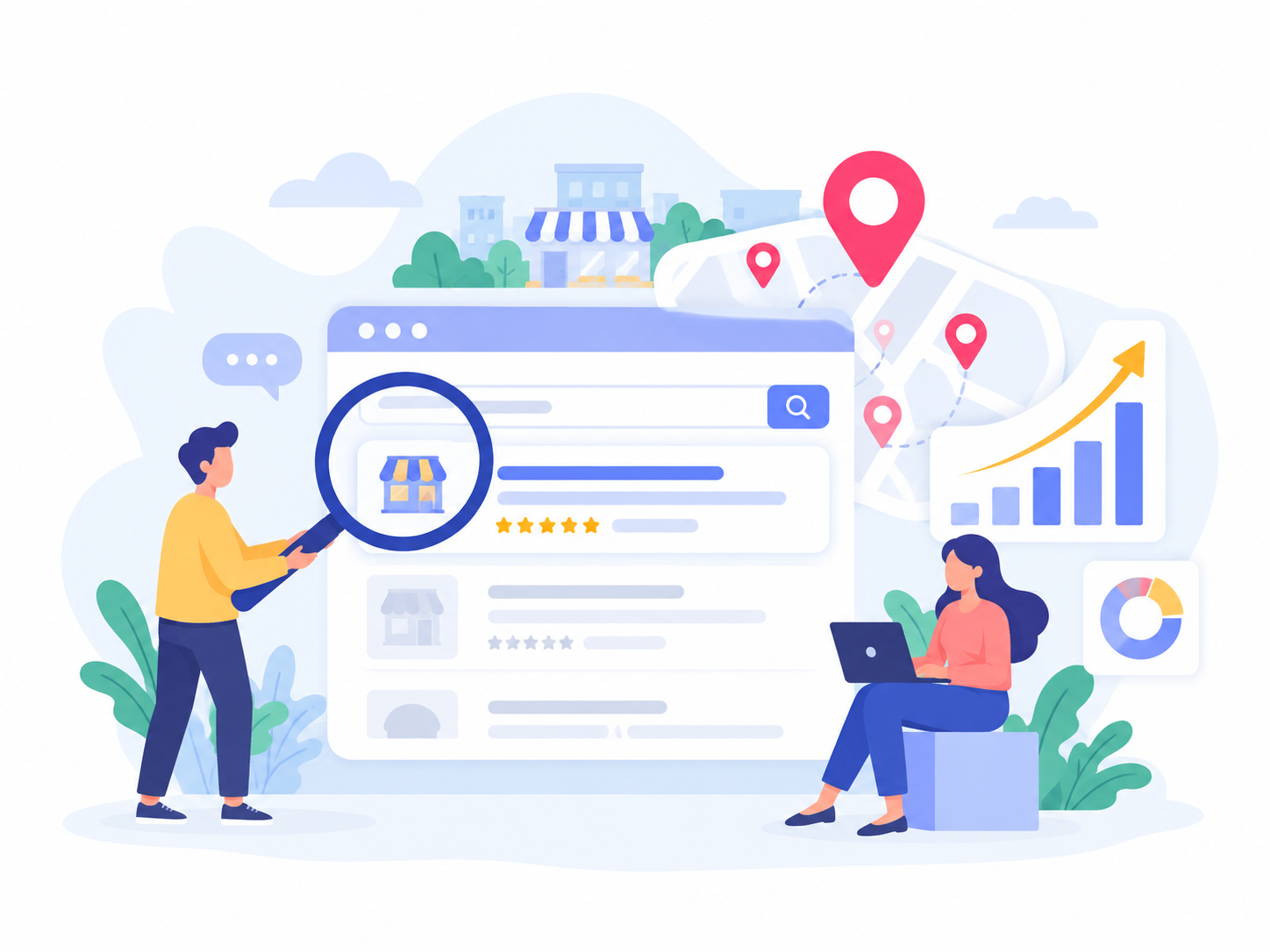 Illustration of local search results, map visibility, and high-intent demand generation