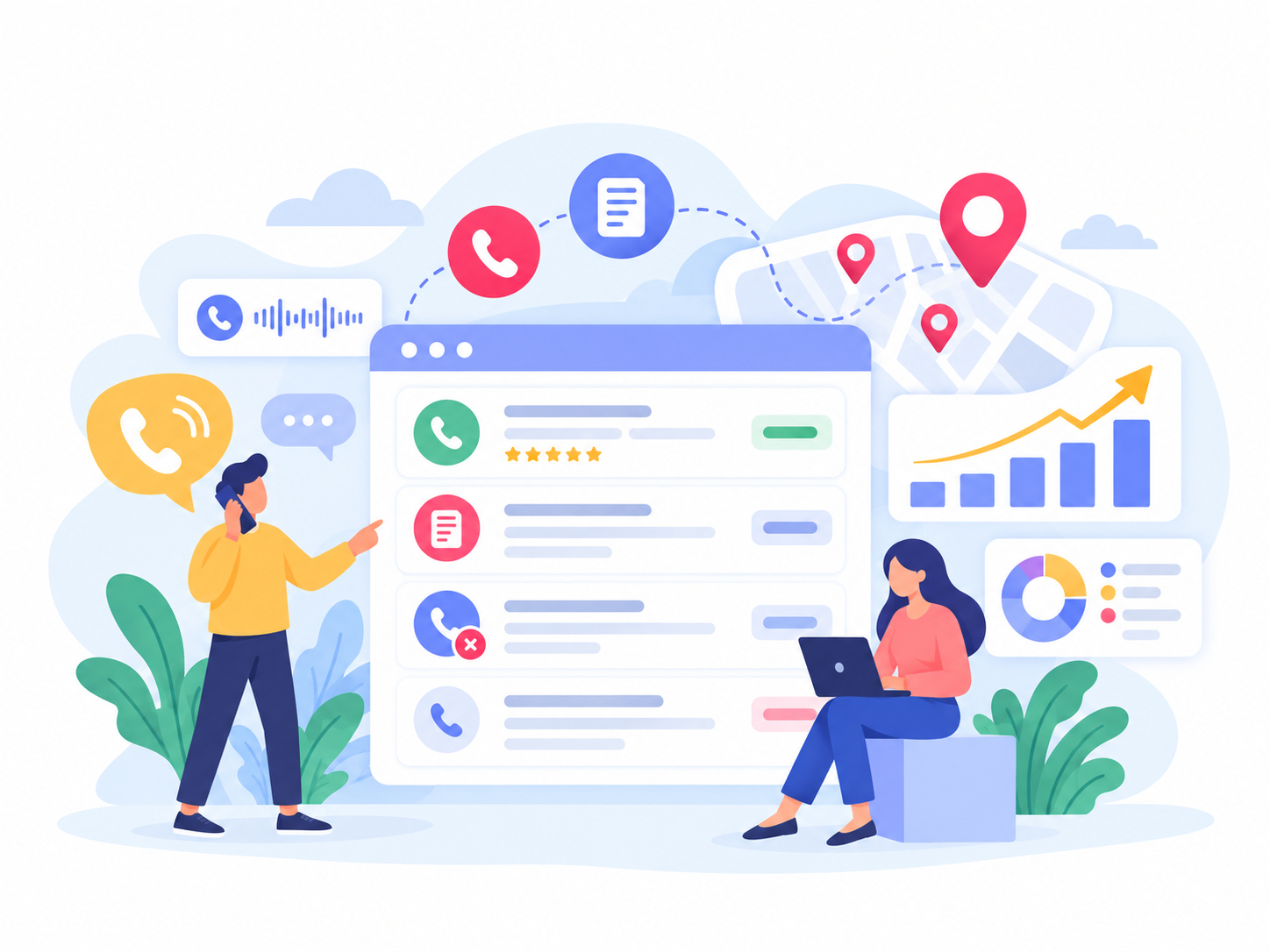 Illustration of incoming call tracking, qualified leads, contact forms, and missed call visibility