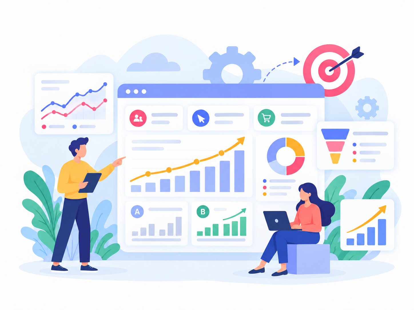 Illustration of acquisition performance analytics, conversion reporting, and optimization