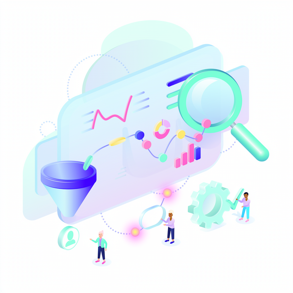 Illustration of lead tracking, customer conversion workflow, and reporting dashboard