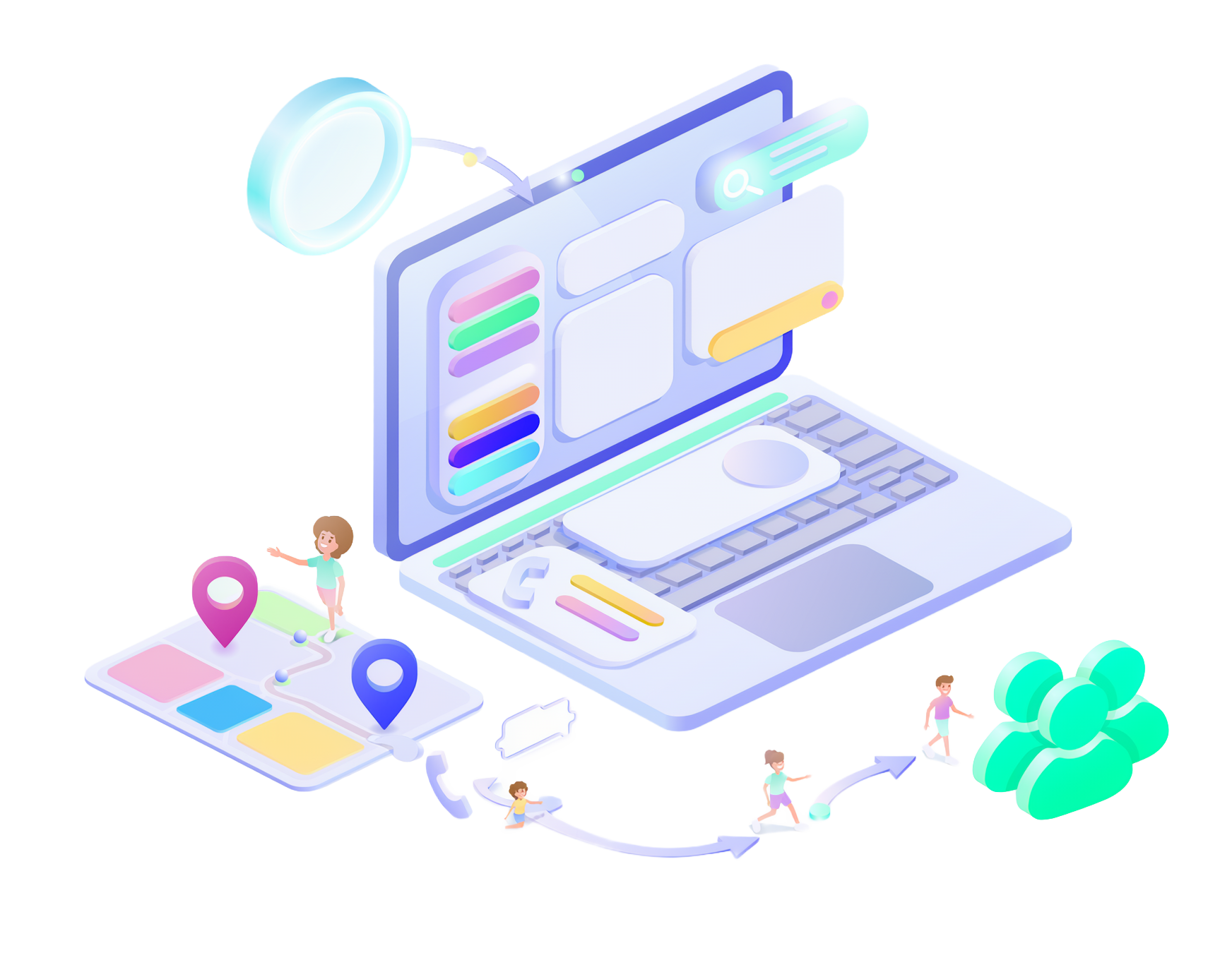 Illustration of the connected local customer acquisition journey, from search and inquiries to customers