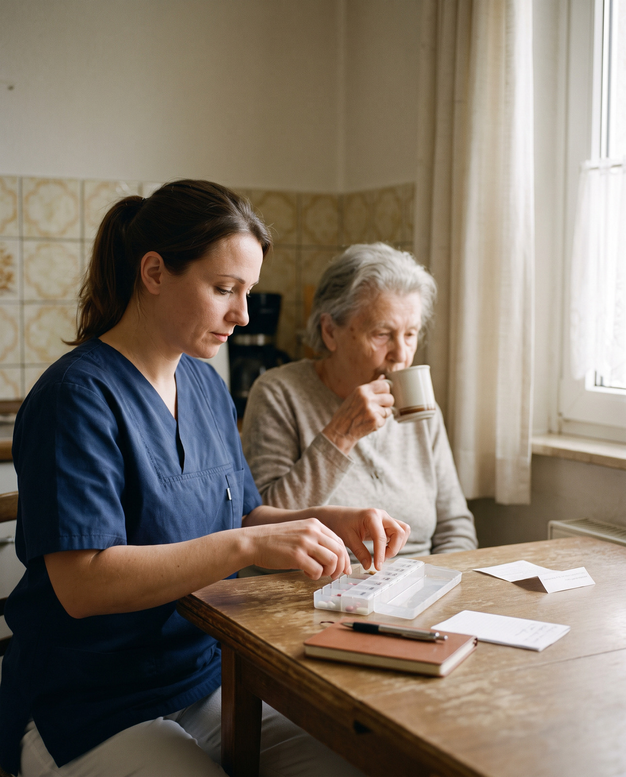 Pflegekraft füllt eine Wochendosette mit Medikamenten, daneben trinkt eine Seniorin Kaffee