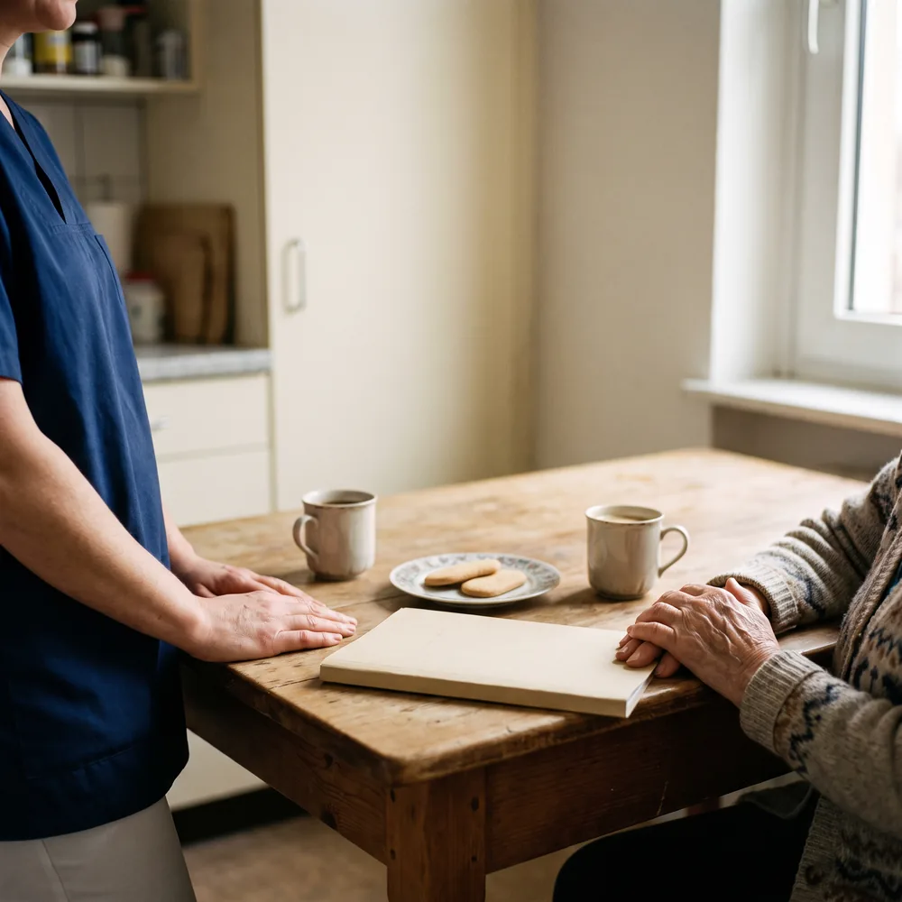 Pflegekraft im Erstgespräch mit einer Seniorin am Küchentisch