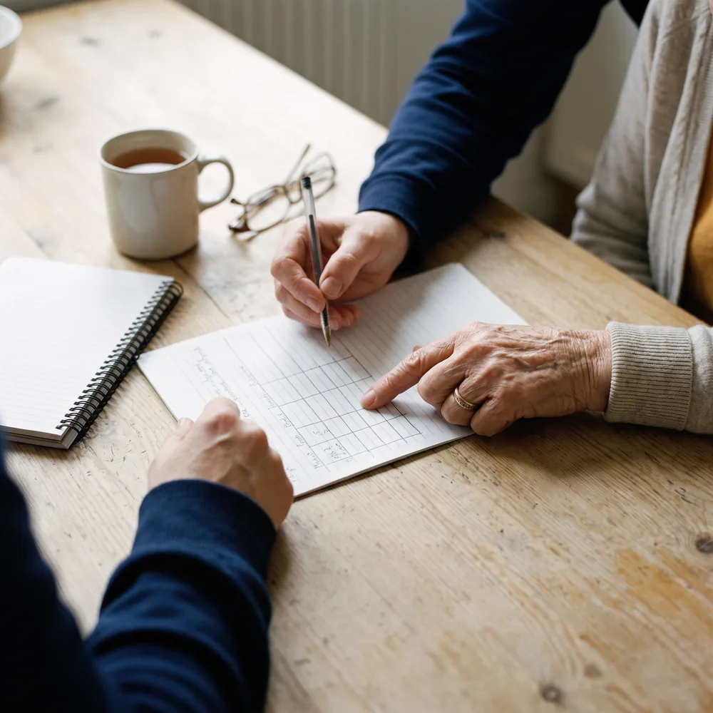 Pflegekraft und Seniorin planen gemeinsam auf einem Wochenplan