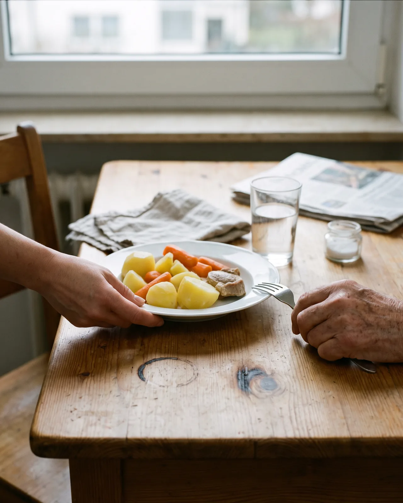 Pflegekraft stellt einem Senior ein warmes Mittagessen auf den Küchentisch