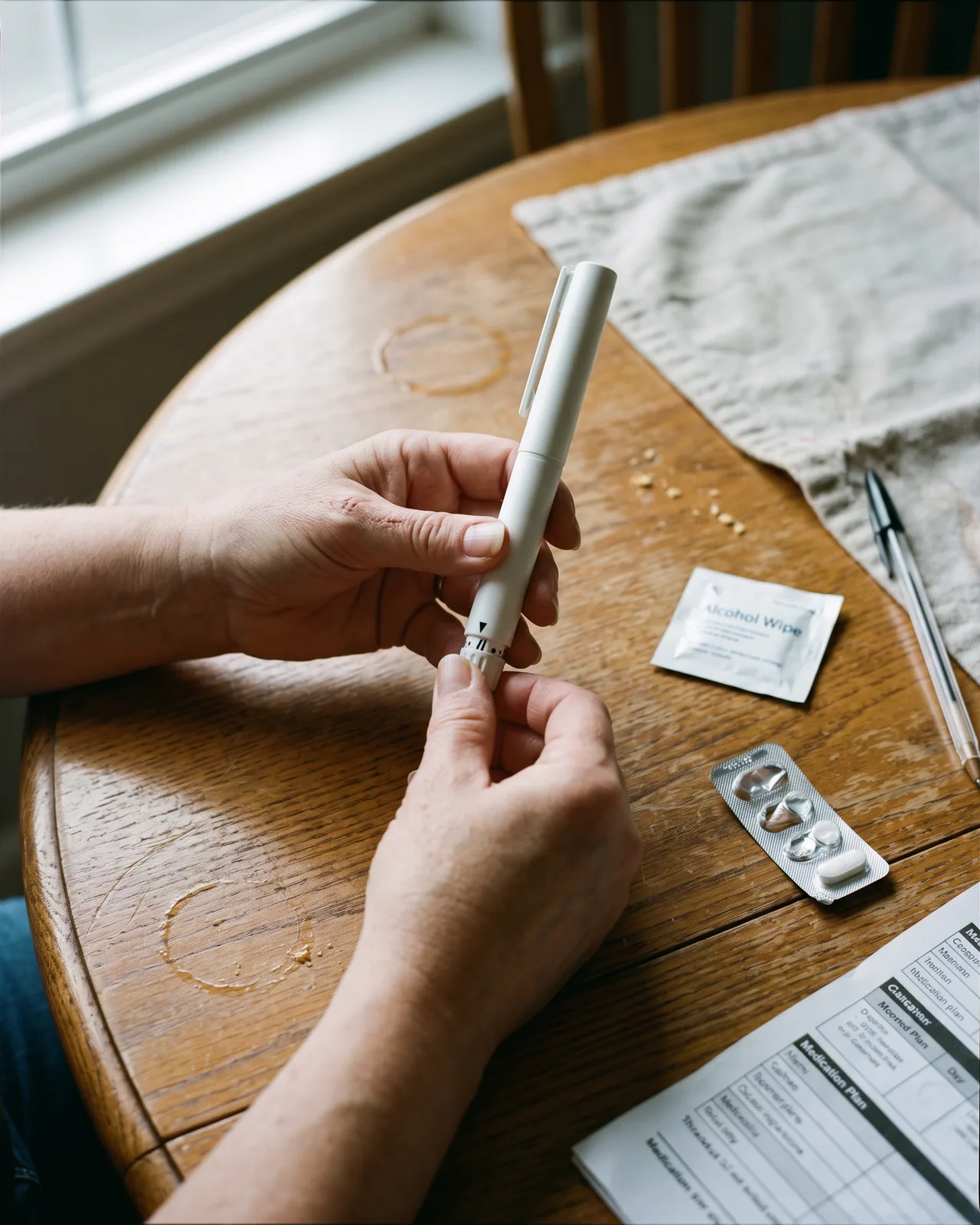 Vorbereitung eines Insulinpens am Tisch, daneben Tabletten und ein Medikamentenplan