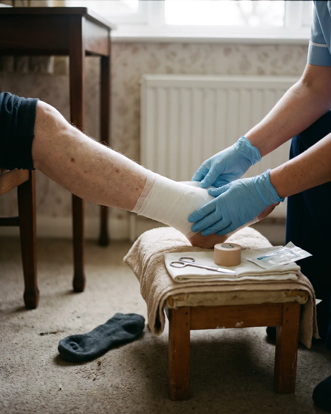 Pflegekraft mit Handschuhen legt einen Verband am Unterschenkel an