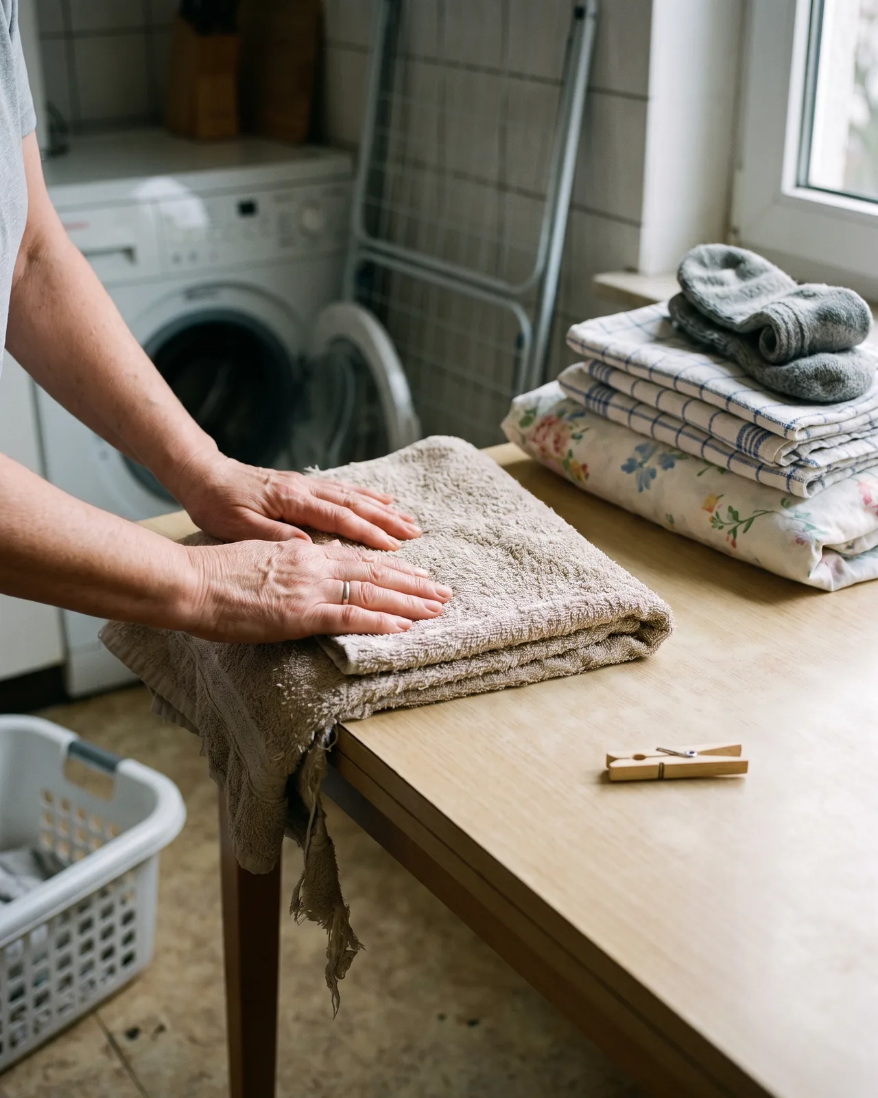 Frisch gefaltete Handtücher und Wäsche neben der Waschmaschine