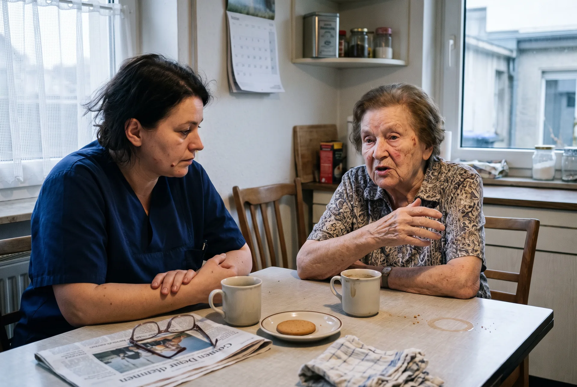 Pflegekraft hört einer Seniorin am Küchentisch aufmerksam zu