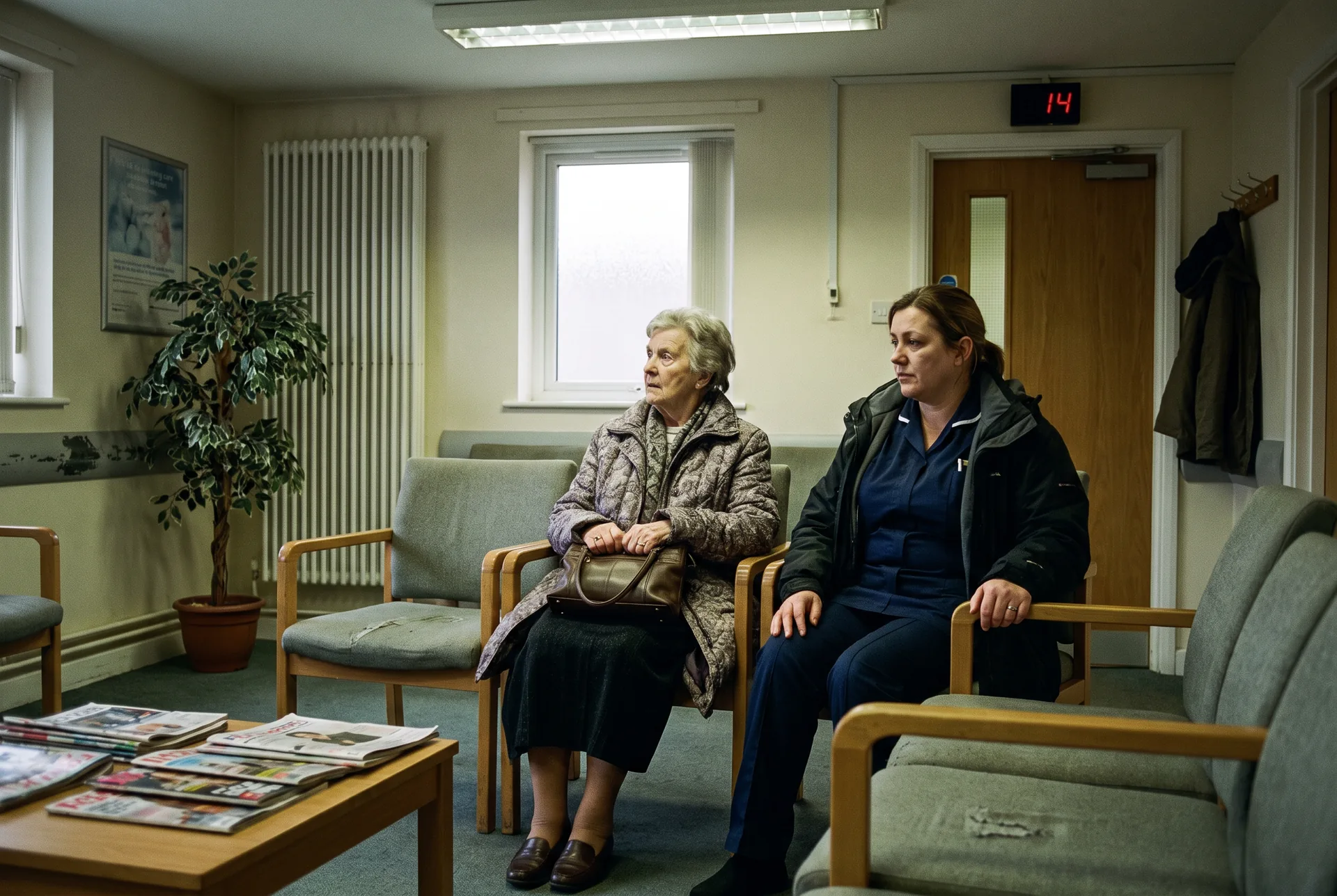 Pflegekraft begleitet eine Seniorin im Wartezimmer einer Arztpraxis
