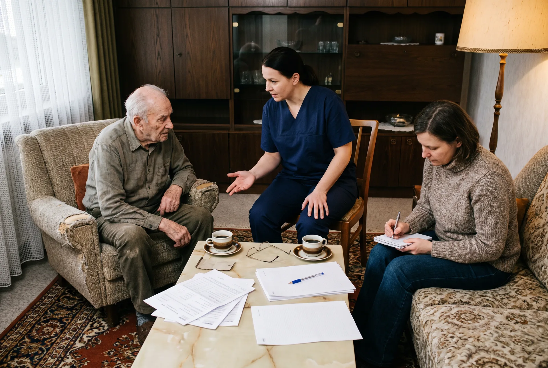 Beratungsgespräch zu Hause mit einem Senior, seiner Angehörigen und einer Pflegekraft