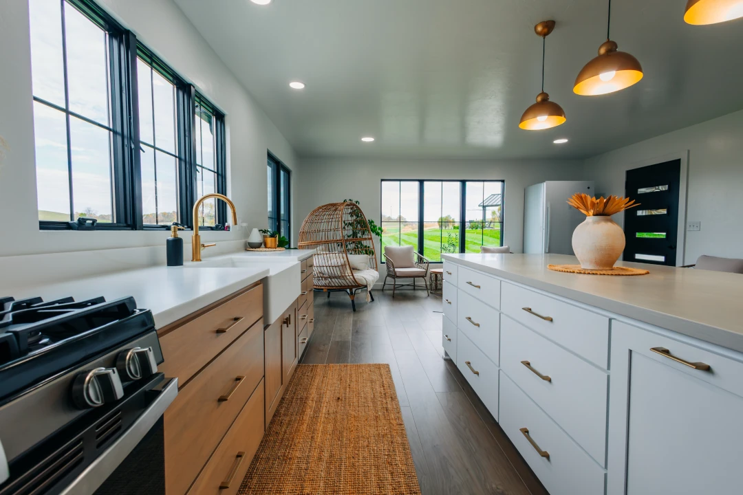 modern kitchen looking into living space