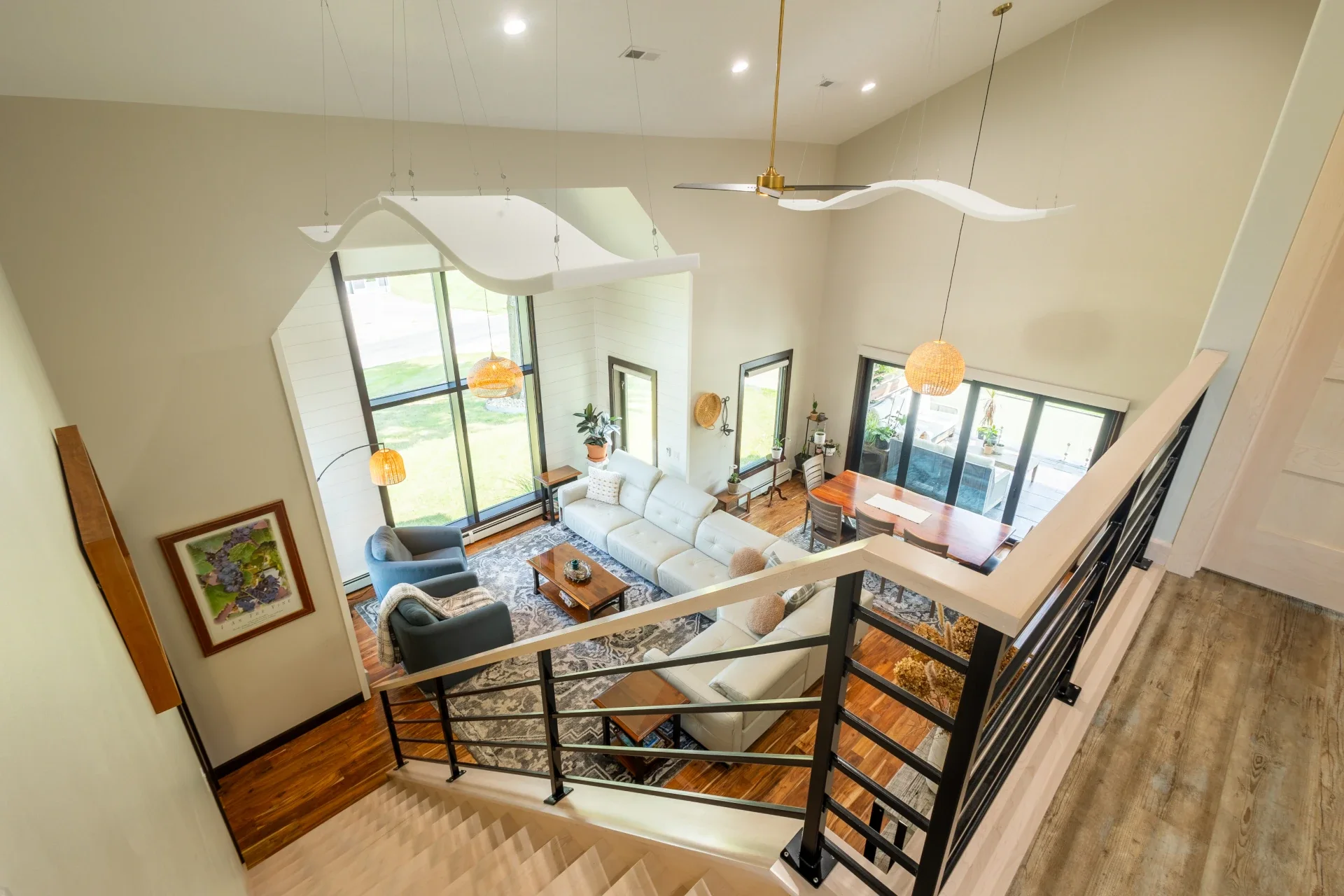 looking out over the first floor from top of stairs