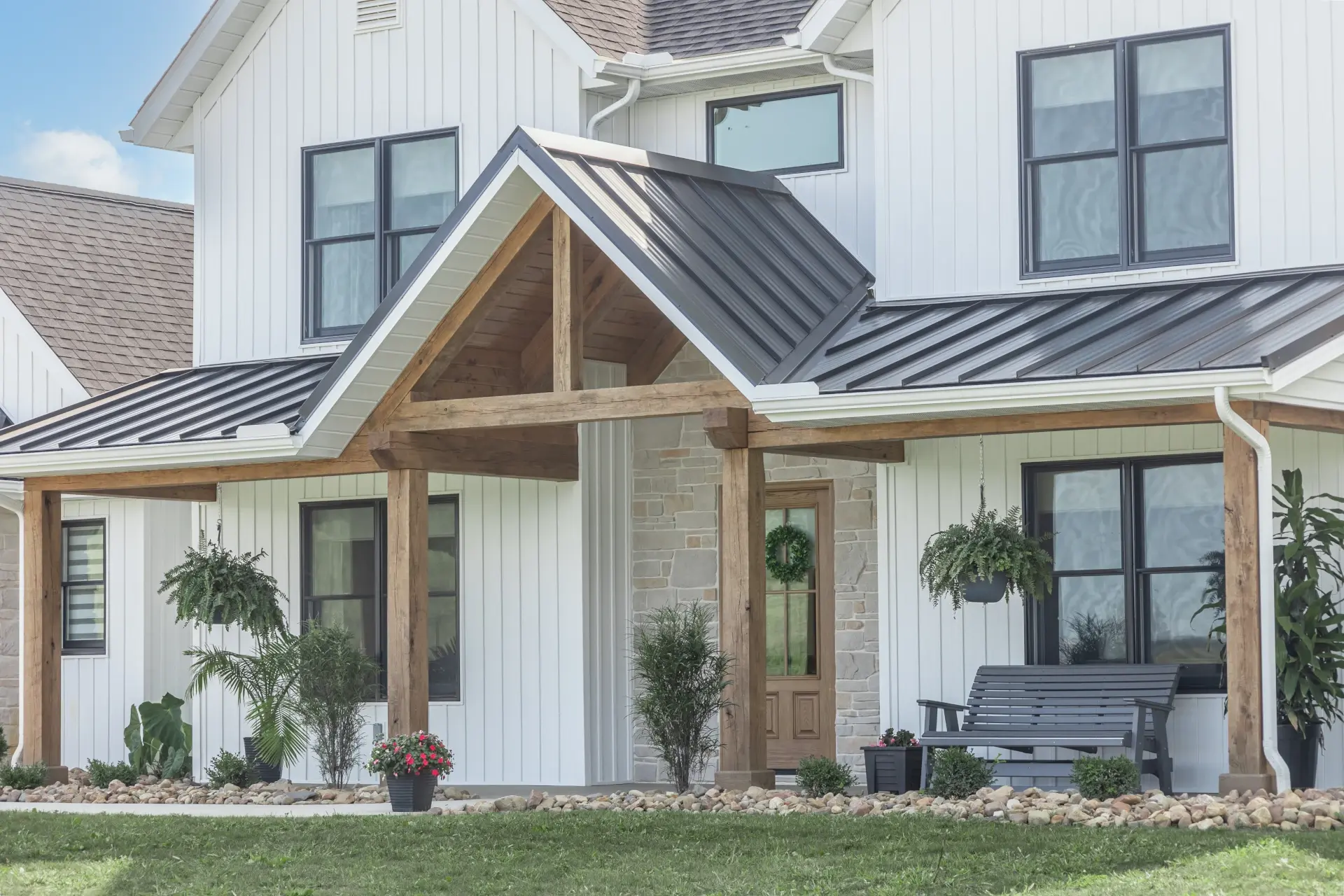 miller finished home metal roof awning timber frame entrance