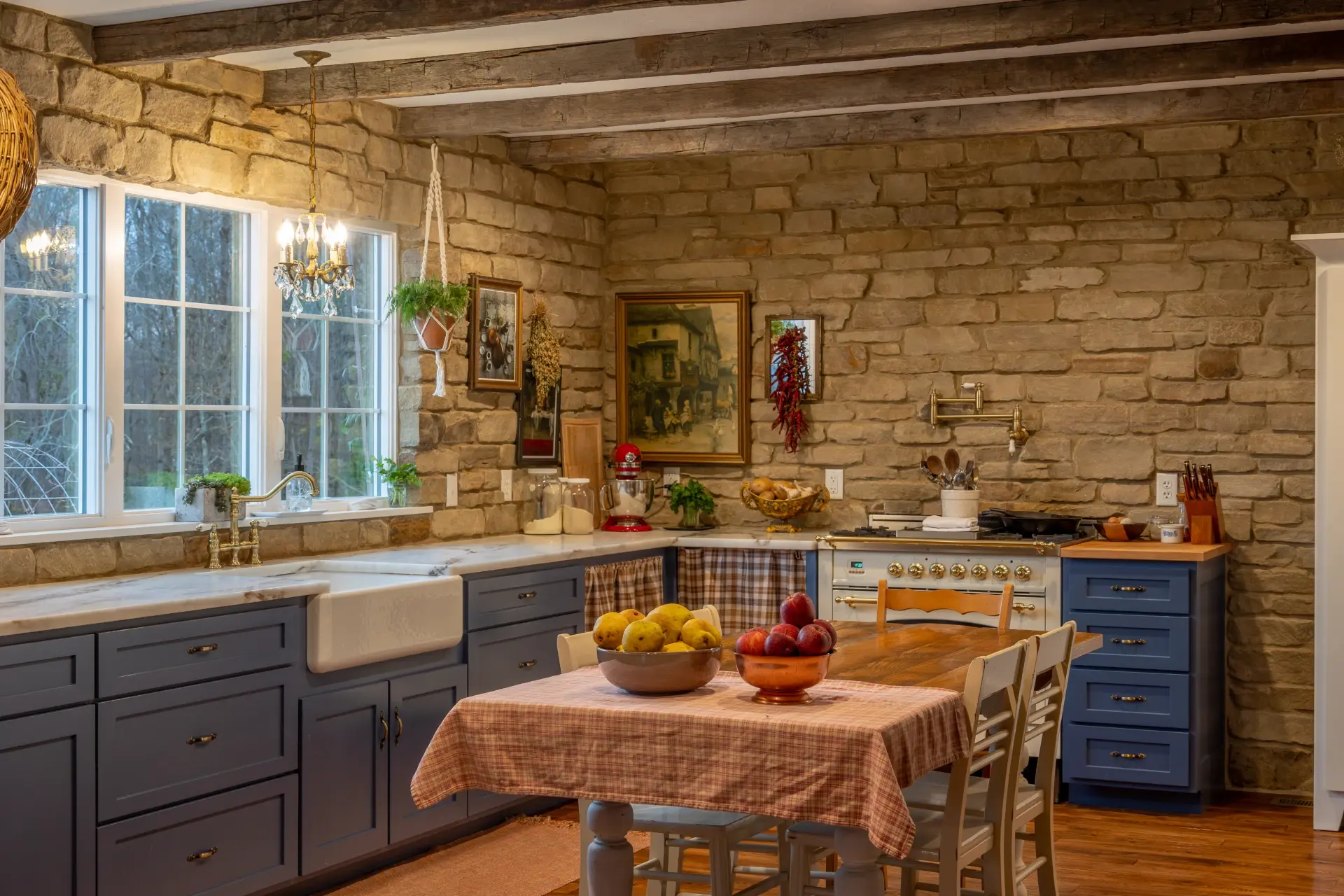 stone interior of kitchen and dining room