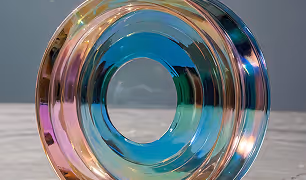Close-up of a transparent, multicolored glass ring sculpture on a textured surface.