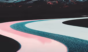 Curved abstract shapes in black, pink, teal, and white on a flat surface.
