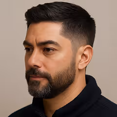 Portrait of a man with dark hair and beard looking to the side against a plain background.